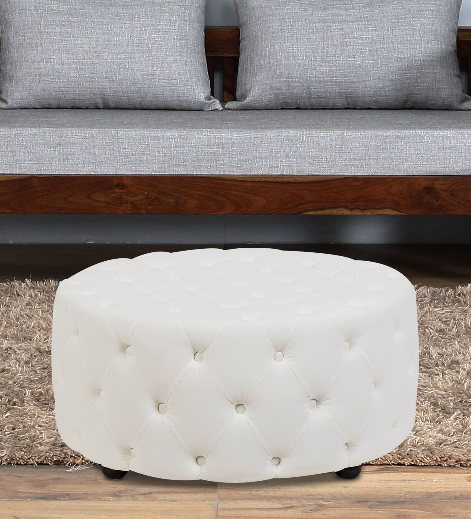 Buy Round Tufted Design Ottoman in Off White Leatherette by Dreamzz ...