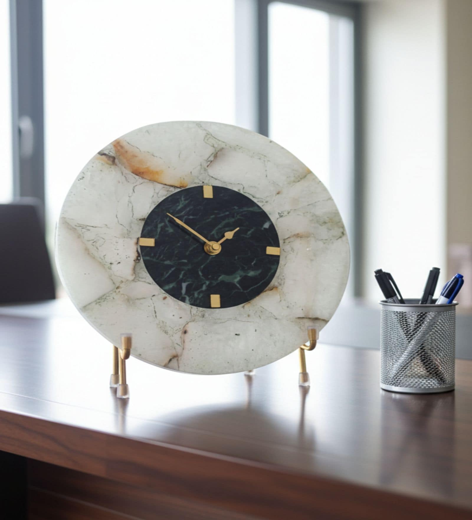 Round White Agate And Green Marble Big Desk Clock With Metal Stand