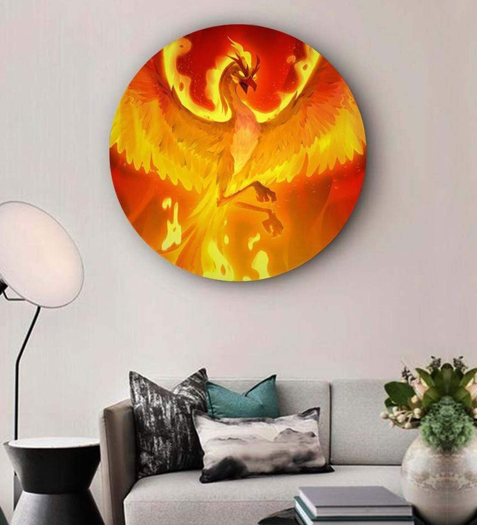 Round Yellow Mythical Phoenix Canvas Art Print