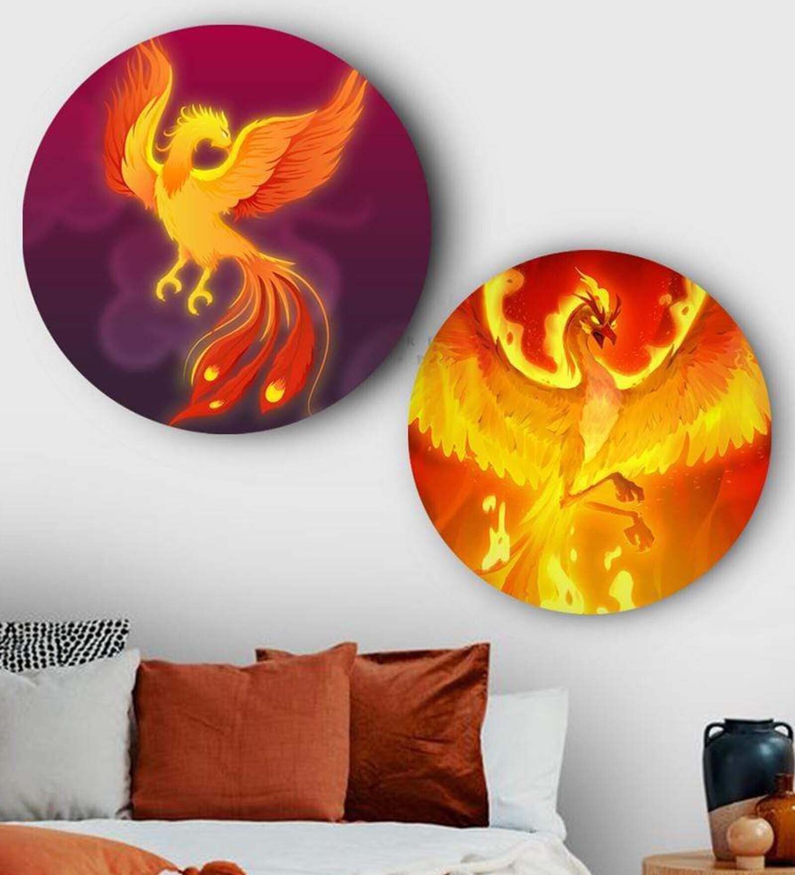 Round Yellow Mythical Phoenix Canvas Set Of 2 Art Print