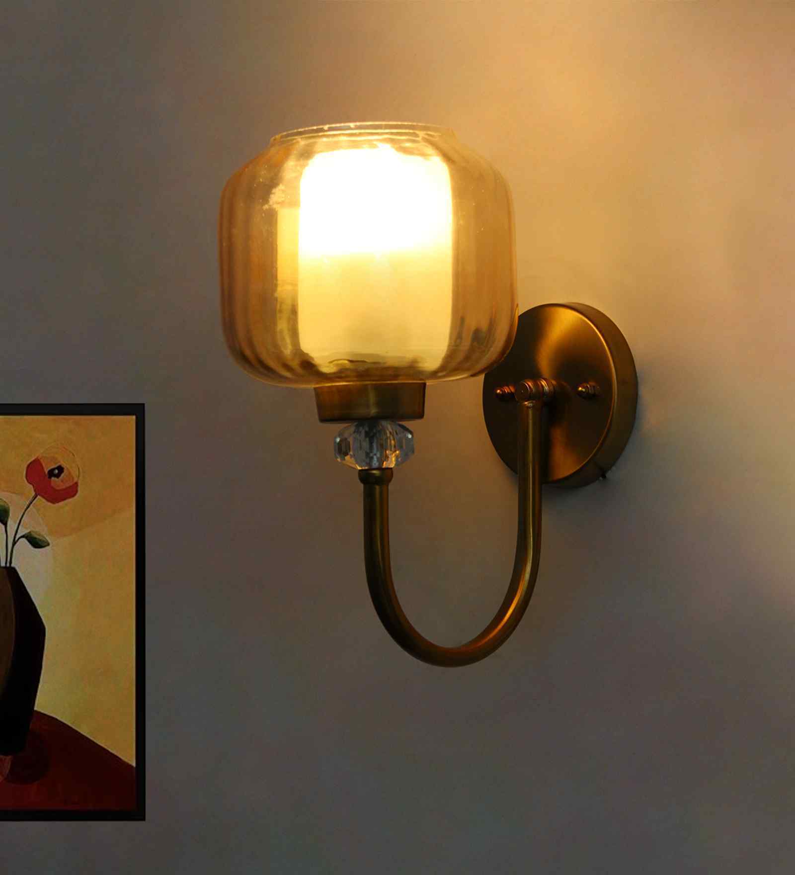 Rounded Cube Glass Wall Sconce with Amber Shade