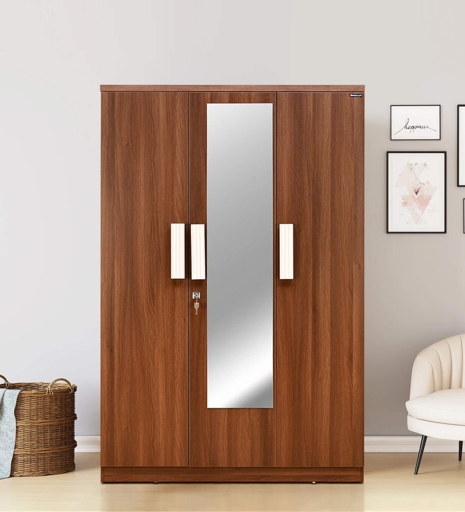 Rova 3 Door Wardrobe In Walnut Finish With Mirror
