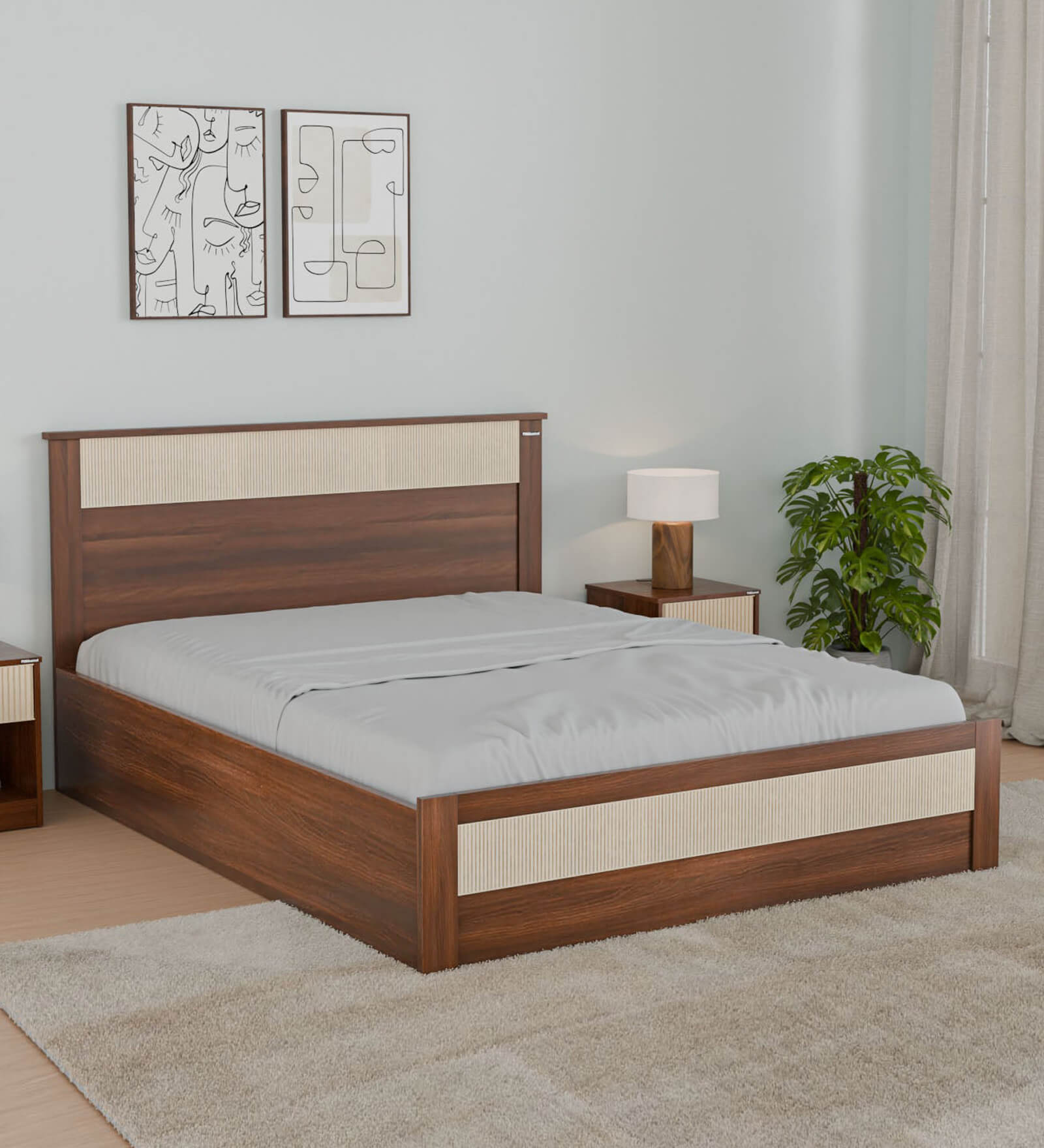 Rova King Size Bed in Walnut Finish with Hydraulic Storage