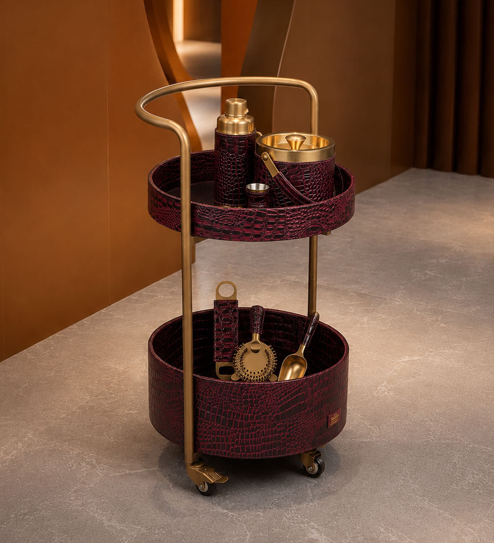 Rover Round Bar Trolley In Burgundy Colour Rover Round Bar Trolley In Burgundy Colour