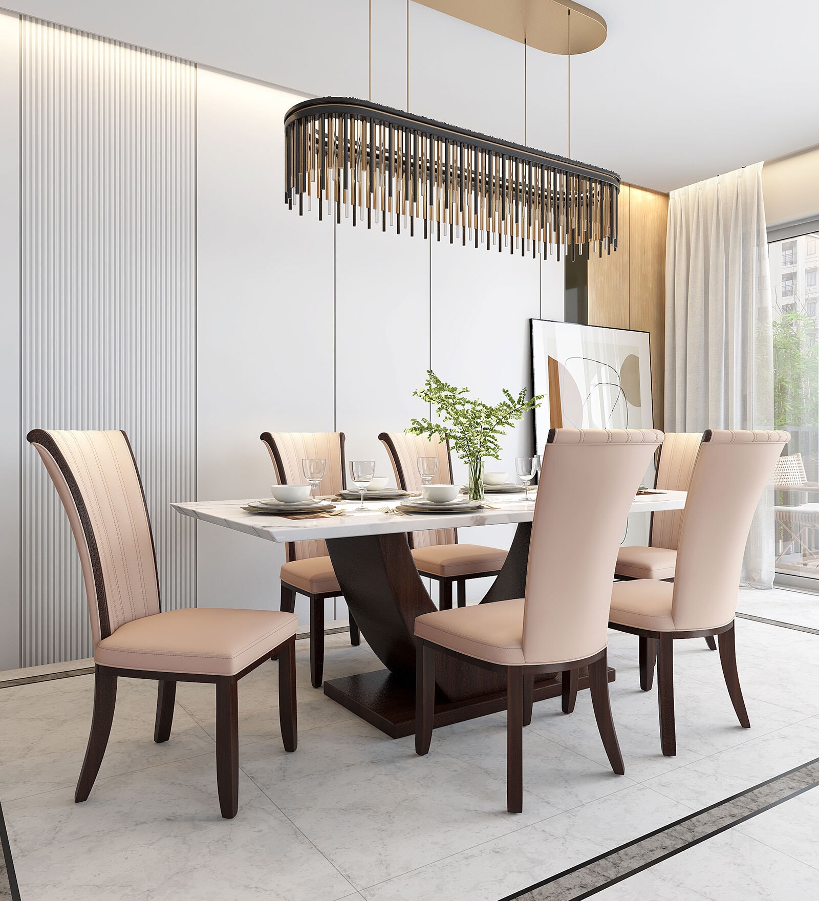 Rowena Marble Top 8 Seater Dining Set In White Finish