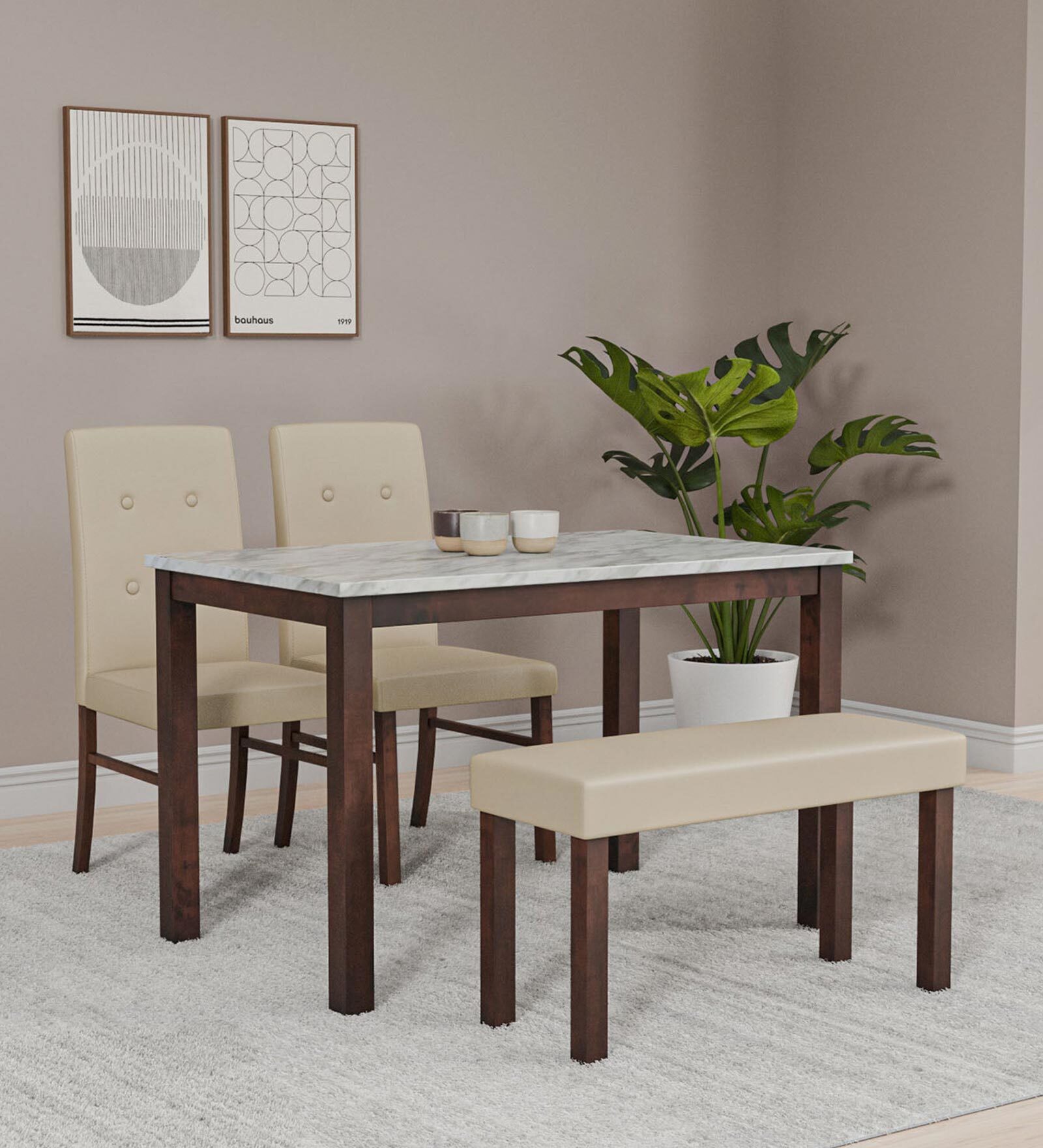 Roxbury Solid Wood 4 Seater Dining Set In Oak Finish With Bench