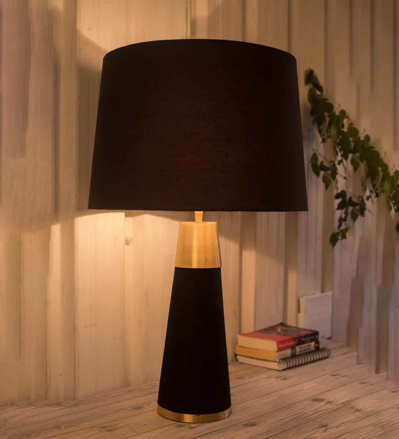 Maurice Black Cotton Shade Night Lamp With Metal & Wood Base