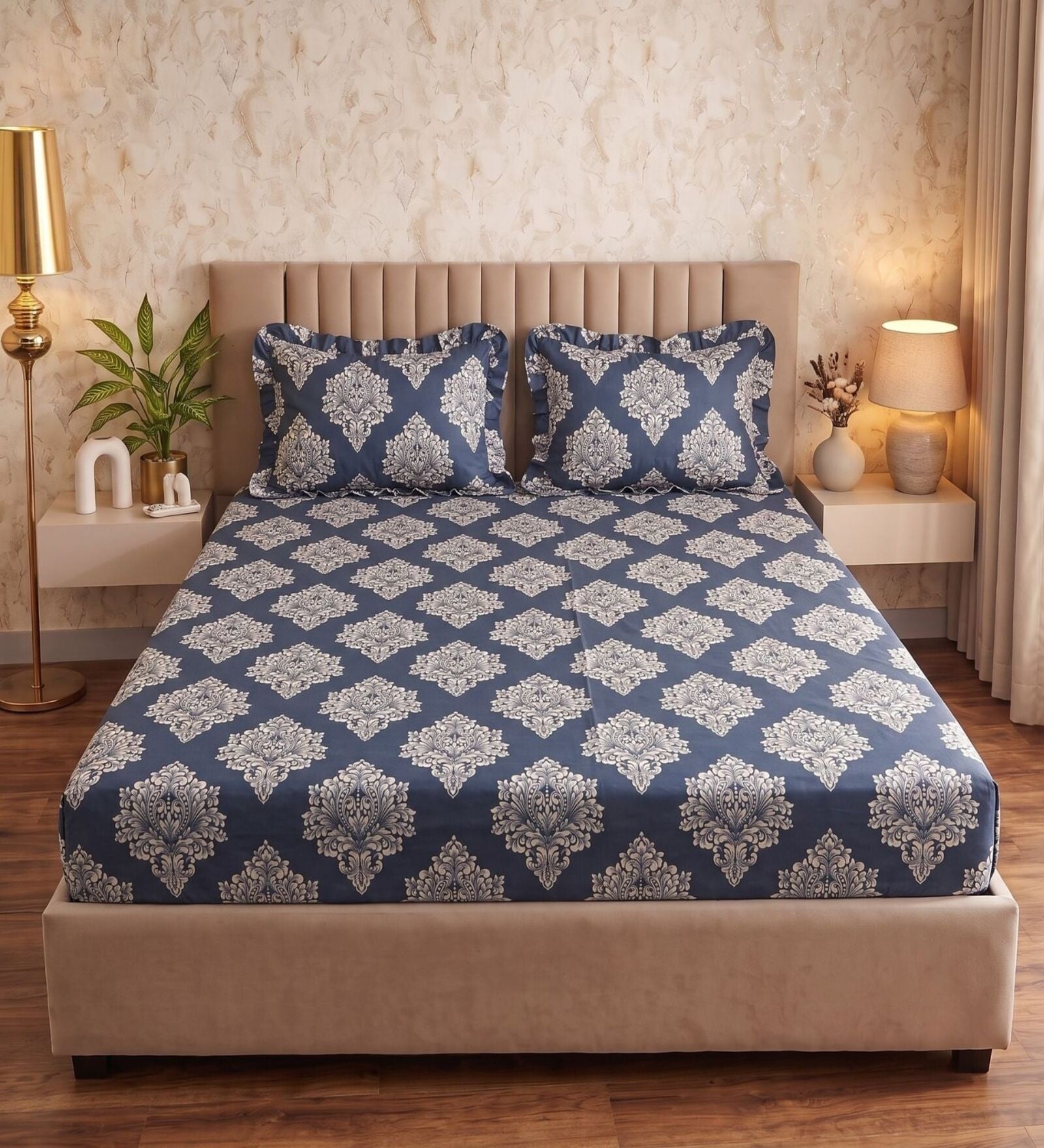 Royal Blue Motif Polycotton Double King Fitted Bedsheet With 2 Frill Pillow Covers