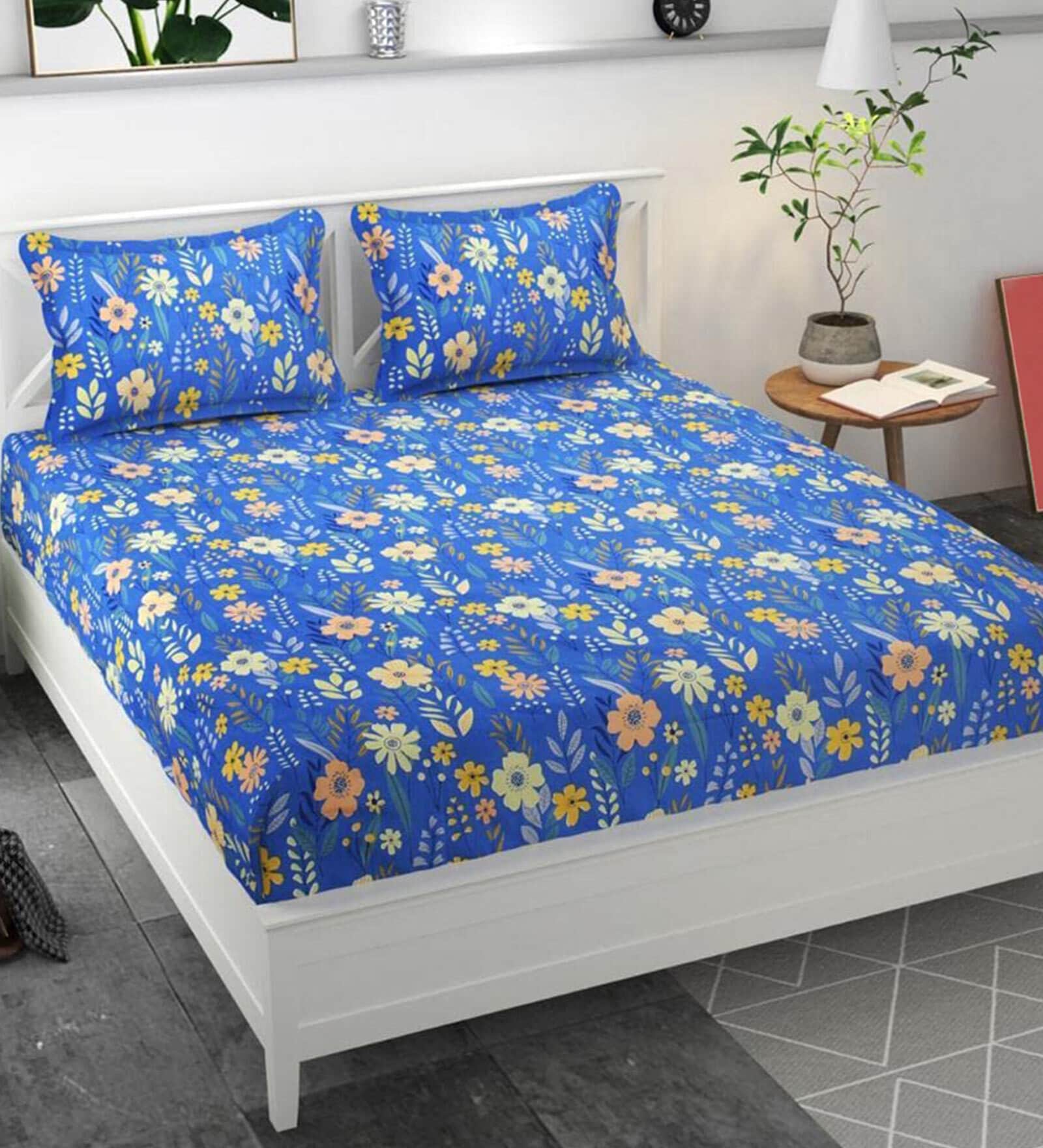 Royal Blue Floral 160 TC Microfibre King Sized Bedsheet with 2 Pillow Covers