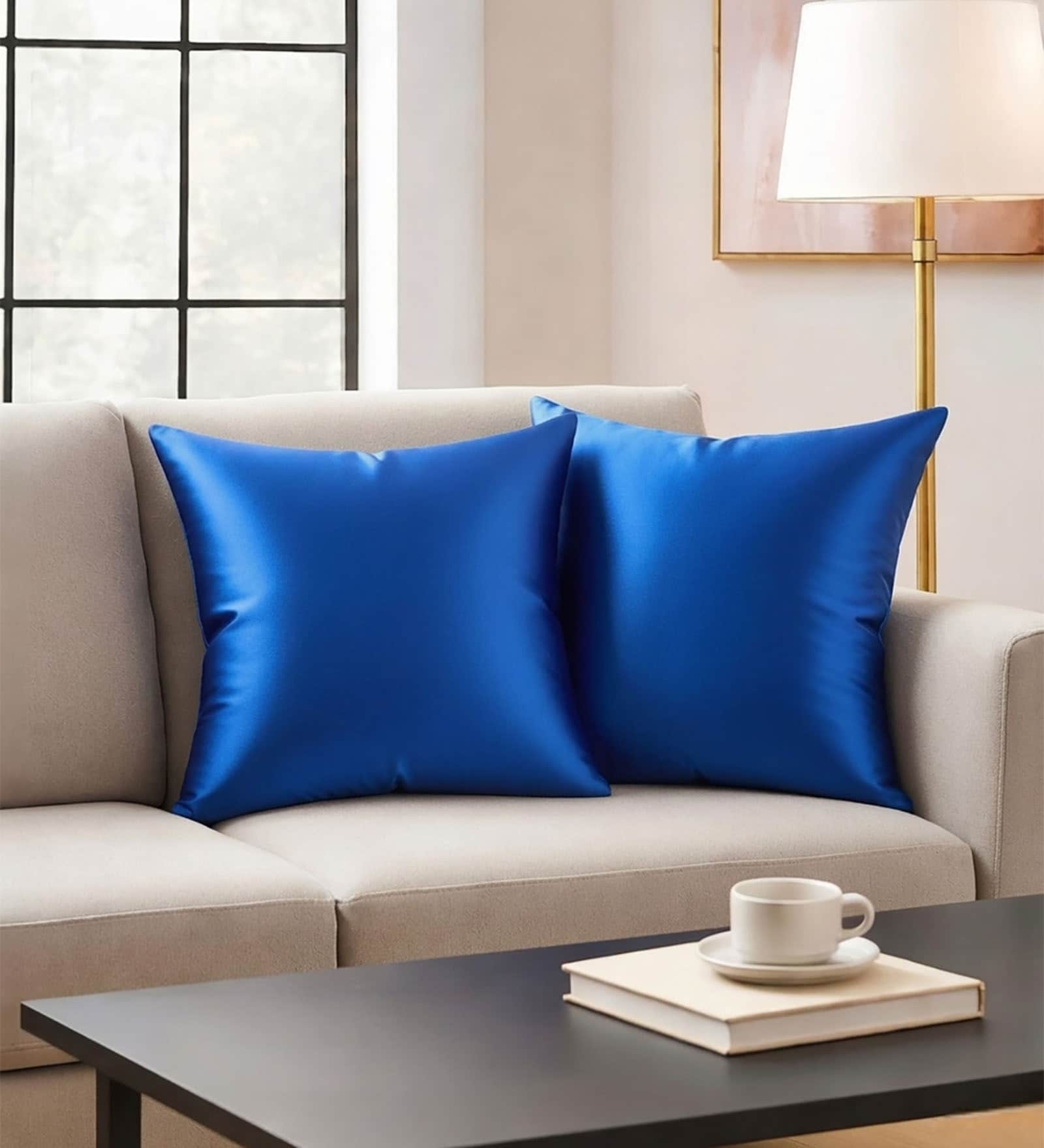Royal Blue Satin Solid 40x40 inches Cushion Covers Set of 2