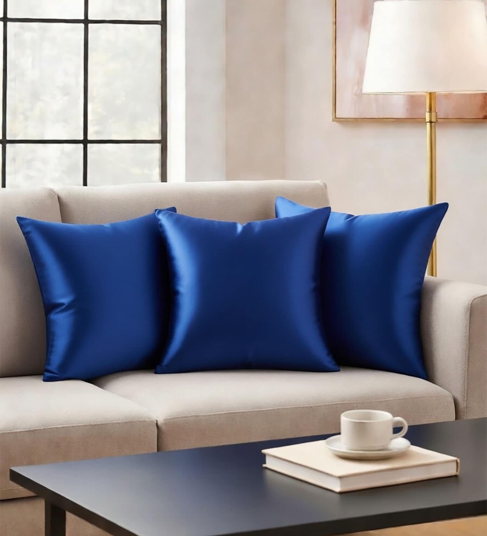 Royal Blue Satin Solid 40x40 inches Cushion Covers Set of 3