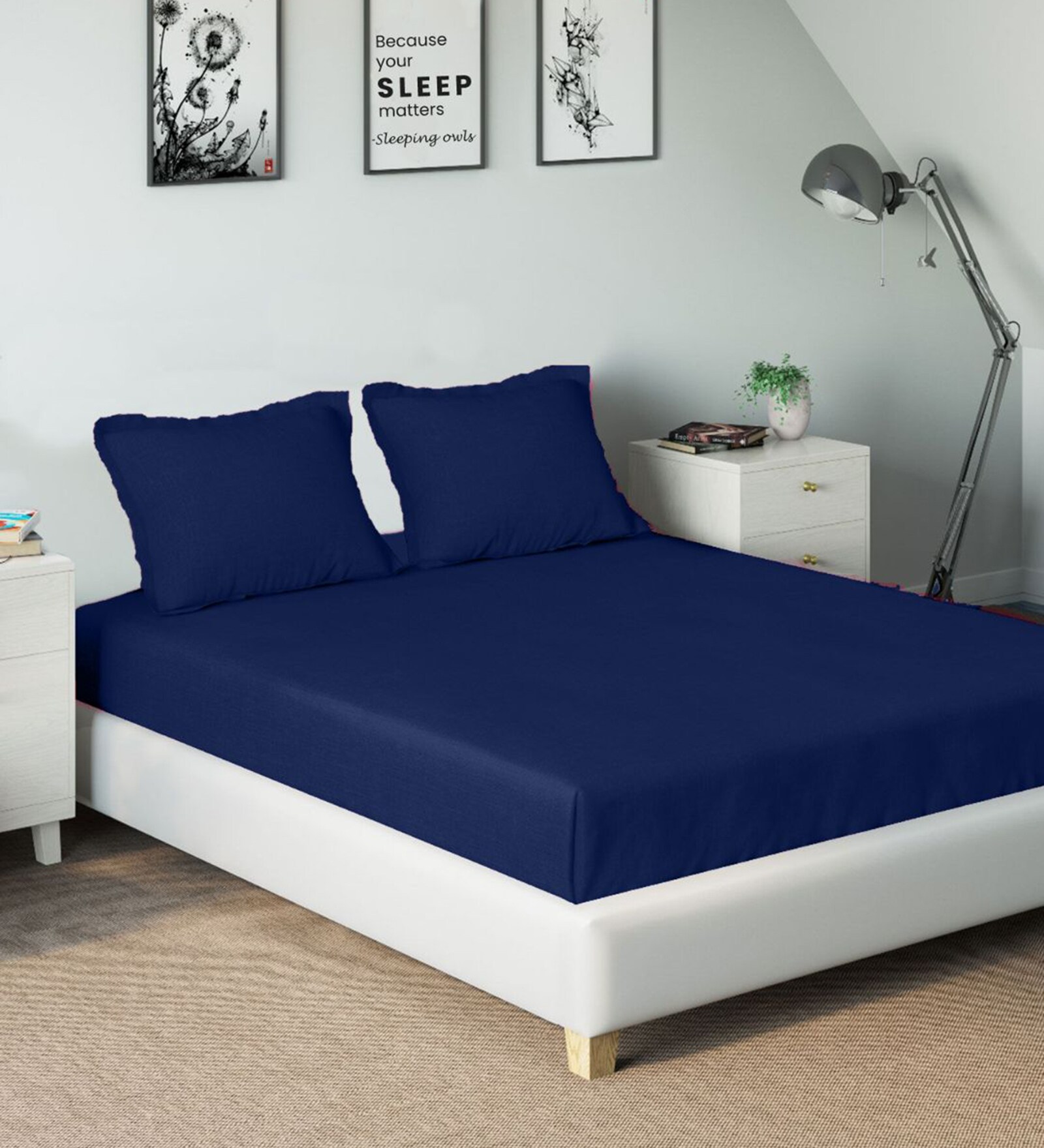 Royal Blue Solid 210 TC Cotton Single Bed Sized Bed Sheets with 2 Pillow Covers