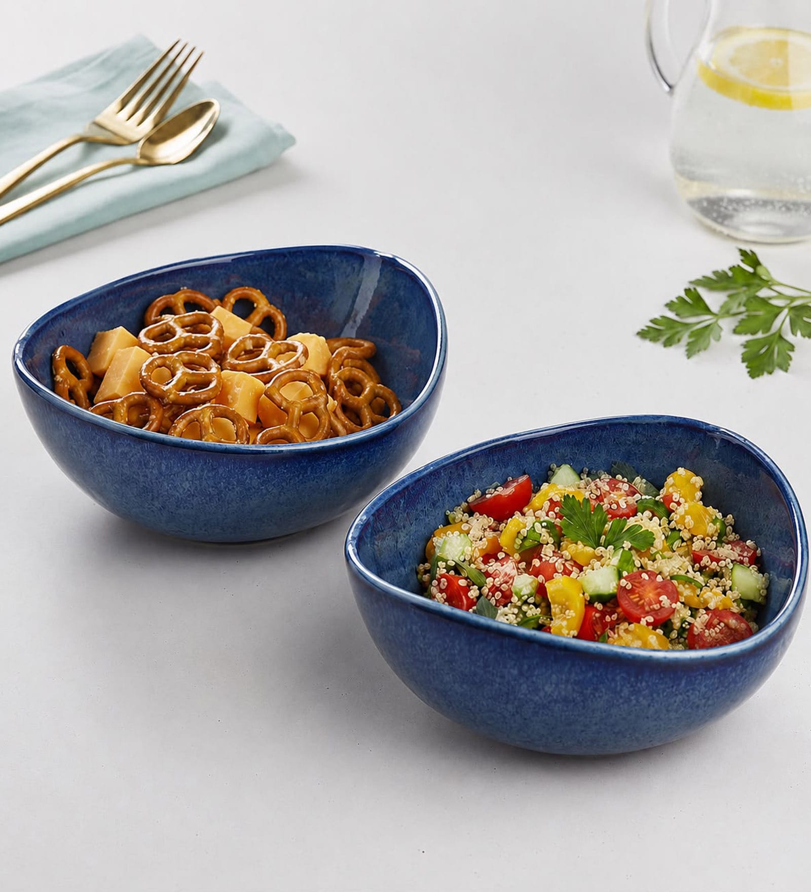Royal Blue Triangle Ceramic Serving Bowls, 500 Ml (Set Of 2)