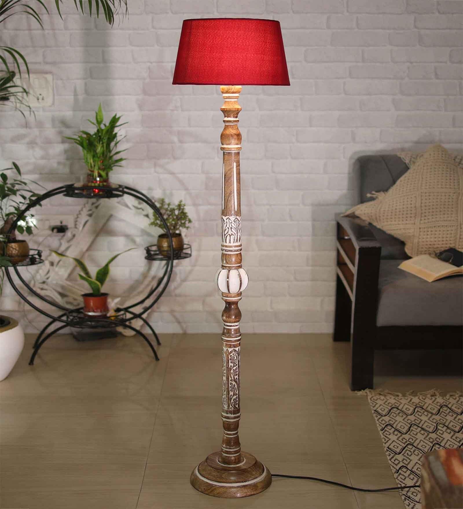 Royal Carving Antique White Finish Wooden Floor Lamp with Red Shade