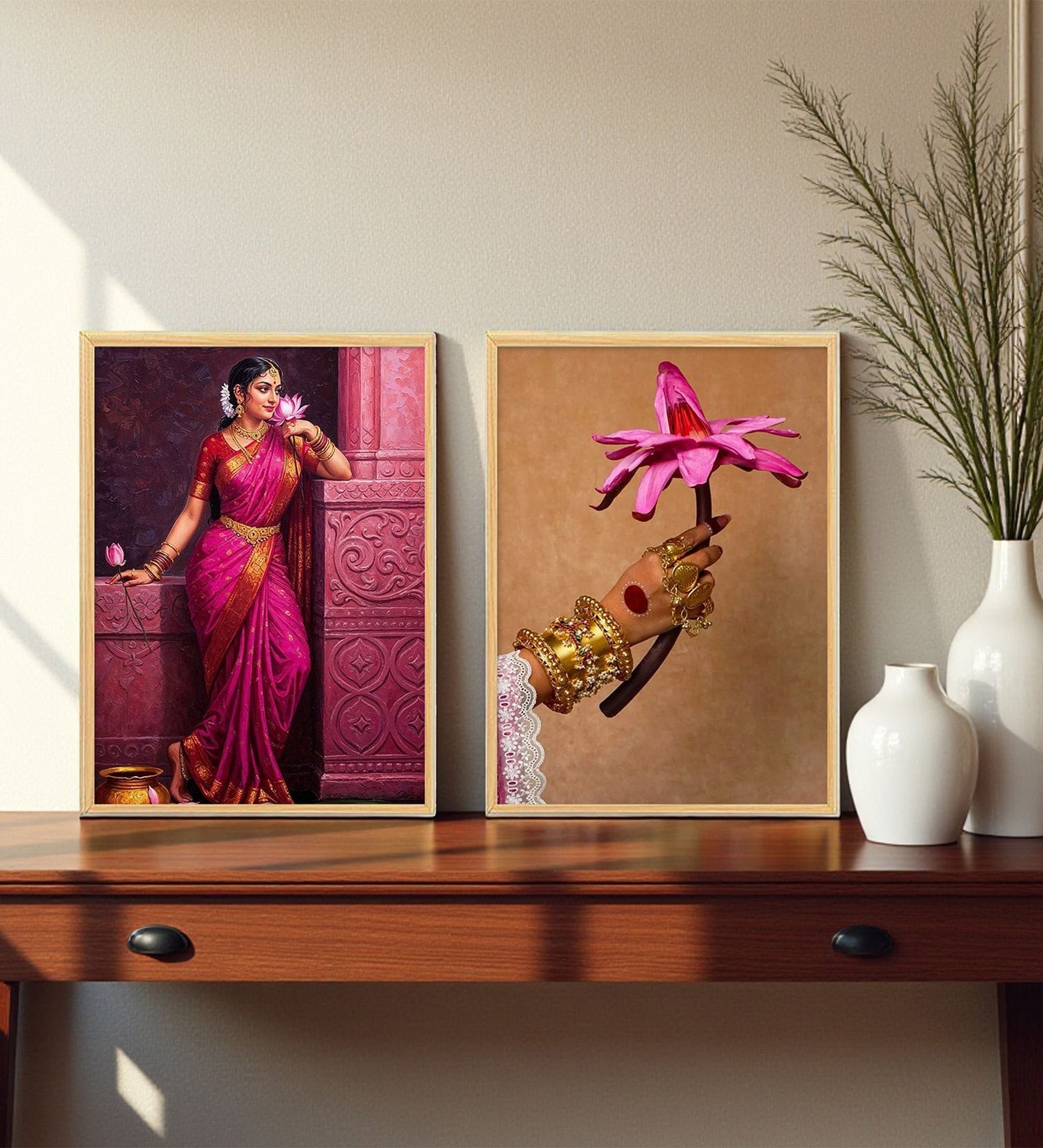 Traditional Indian Woman & Lotus Wall Art Framed Set of 3