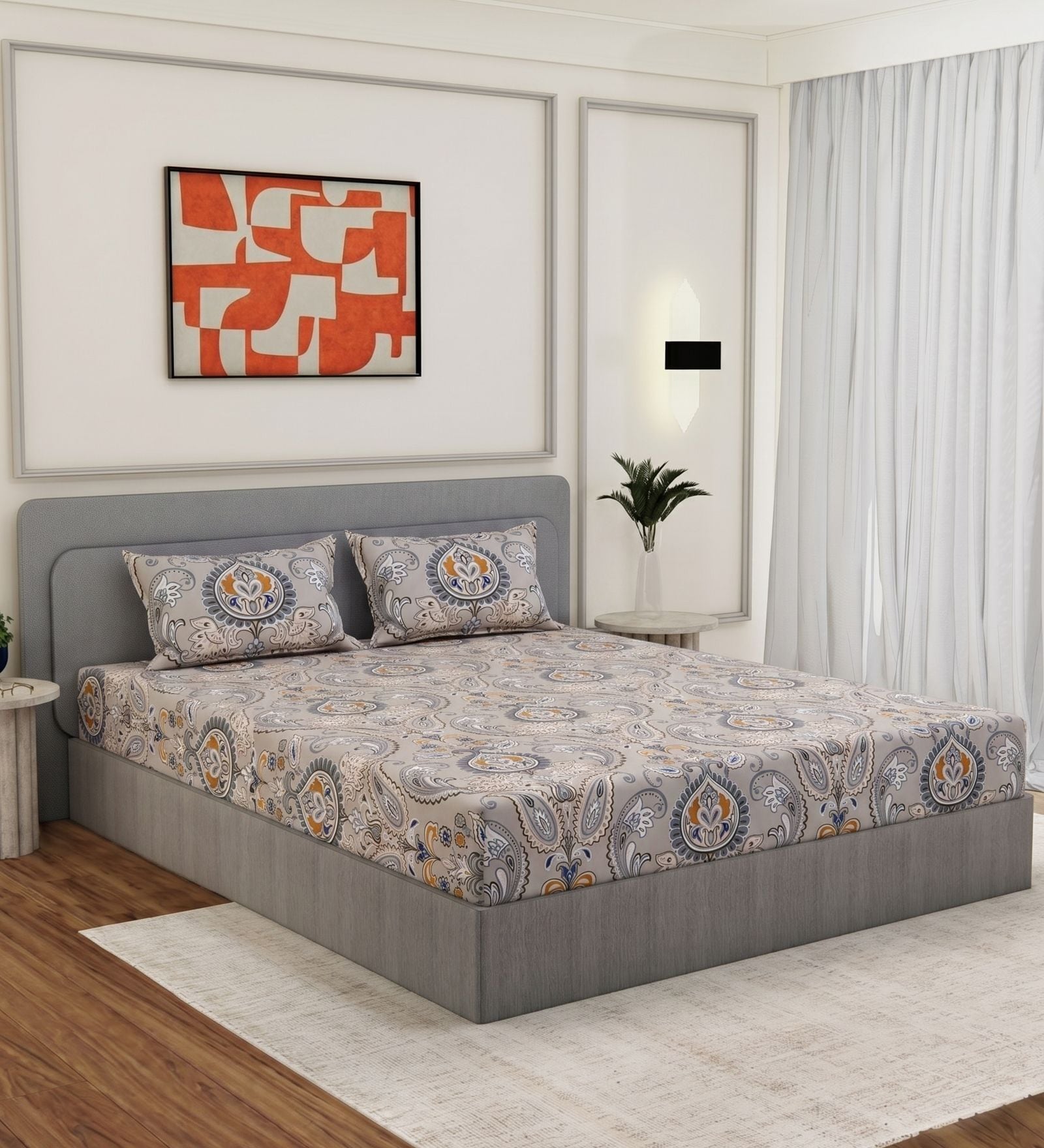 Grey Abstract 180 TC Polyester King Sized Bedsheet With 2 Pillow Covers