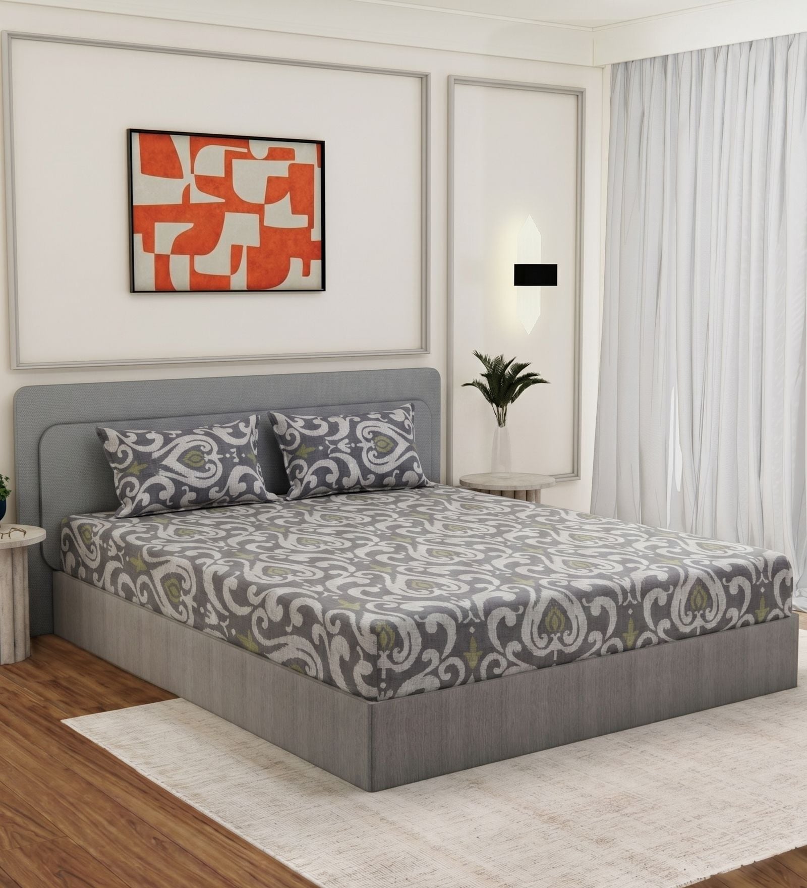 Green Abstract 180 TC Polyester King Sized Bedsheet With 2 Pillow Covers
