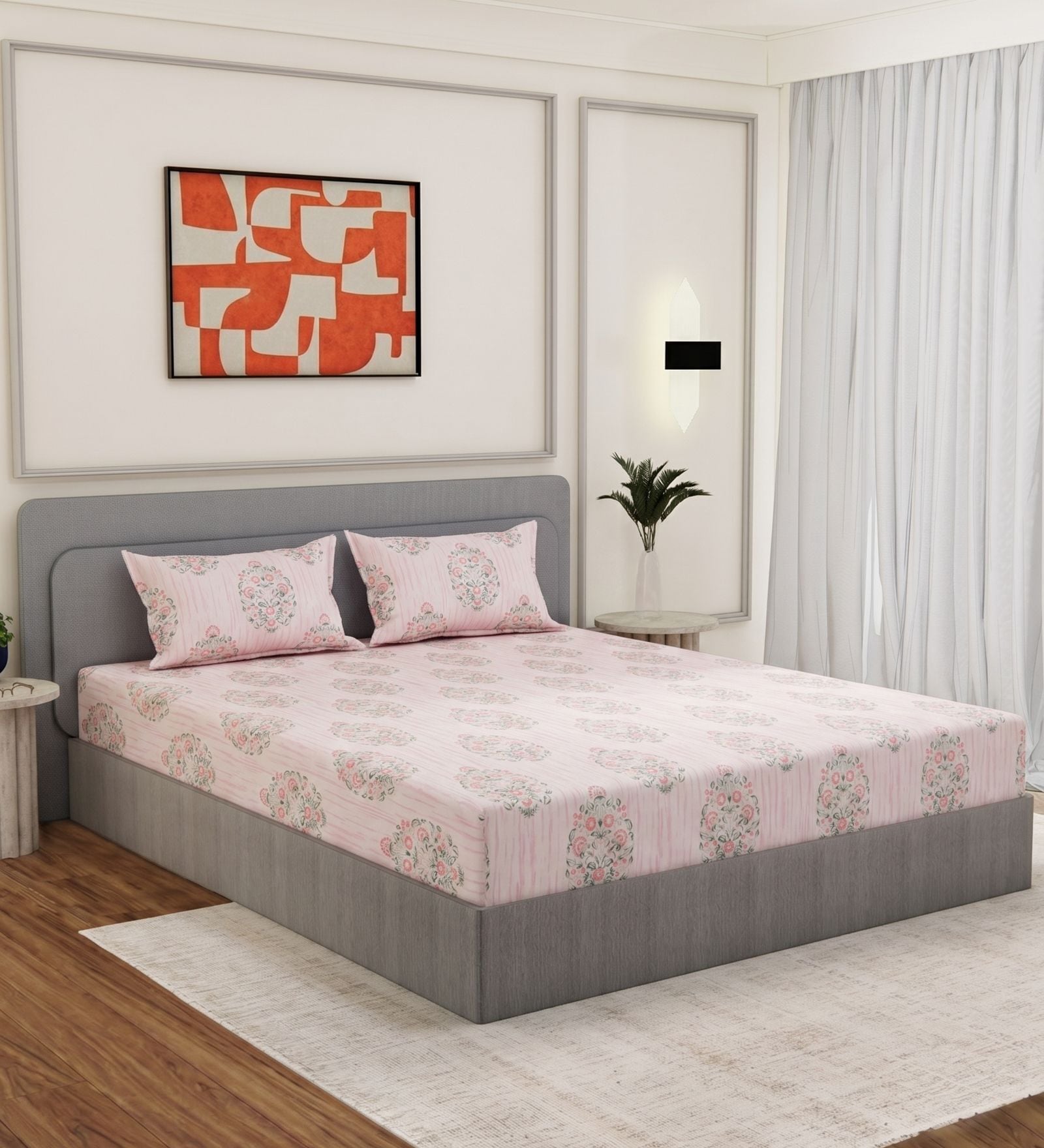 Pink Floral 180 TC Polyester King Sized Bedsheet With 2 Pillow Covers