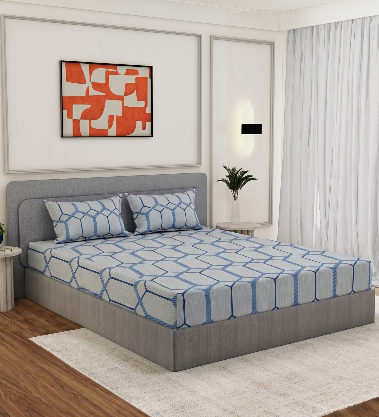 Blue Floral 180 TC Polyester King Sized Bedsheet With 2 Pillow Covers