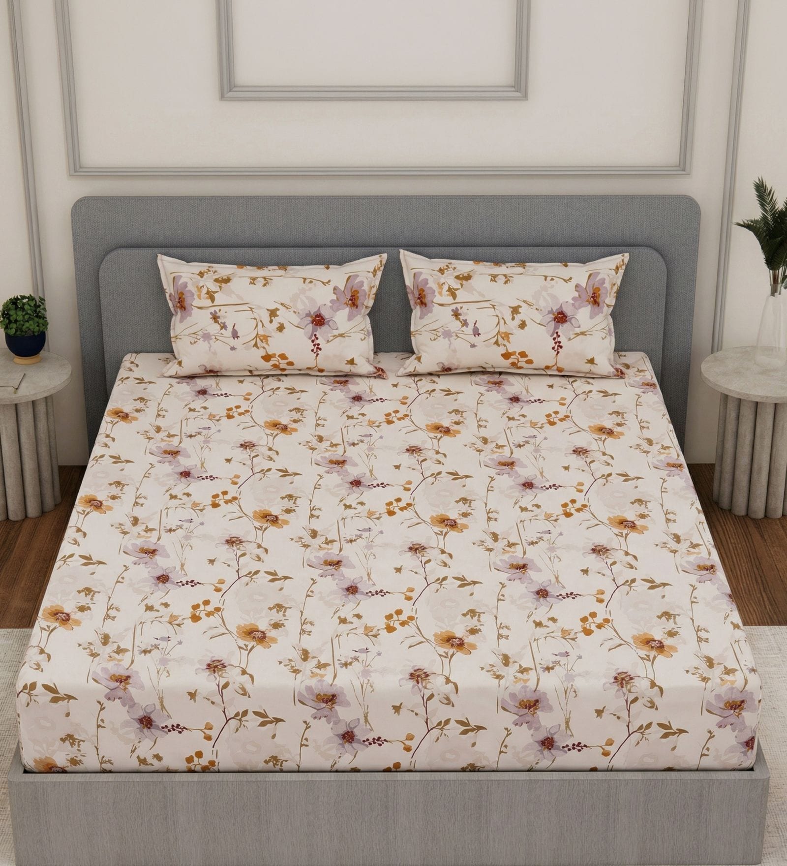 Cream Floral 180 TC Polyester King Sized Bedsheet With 2 Pillow Covers