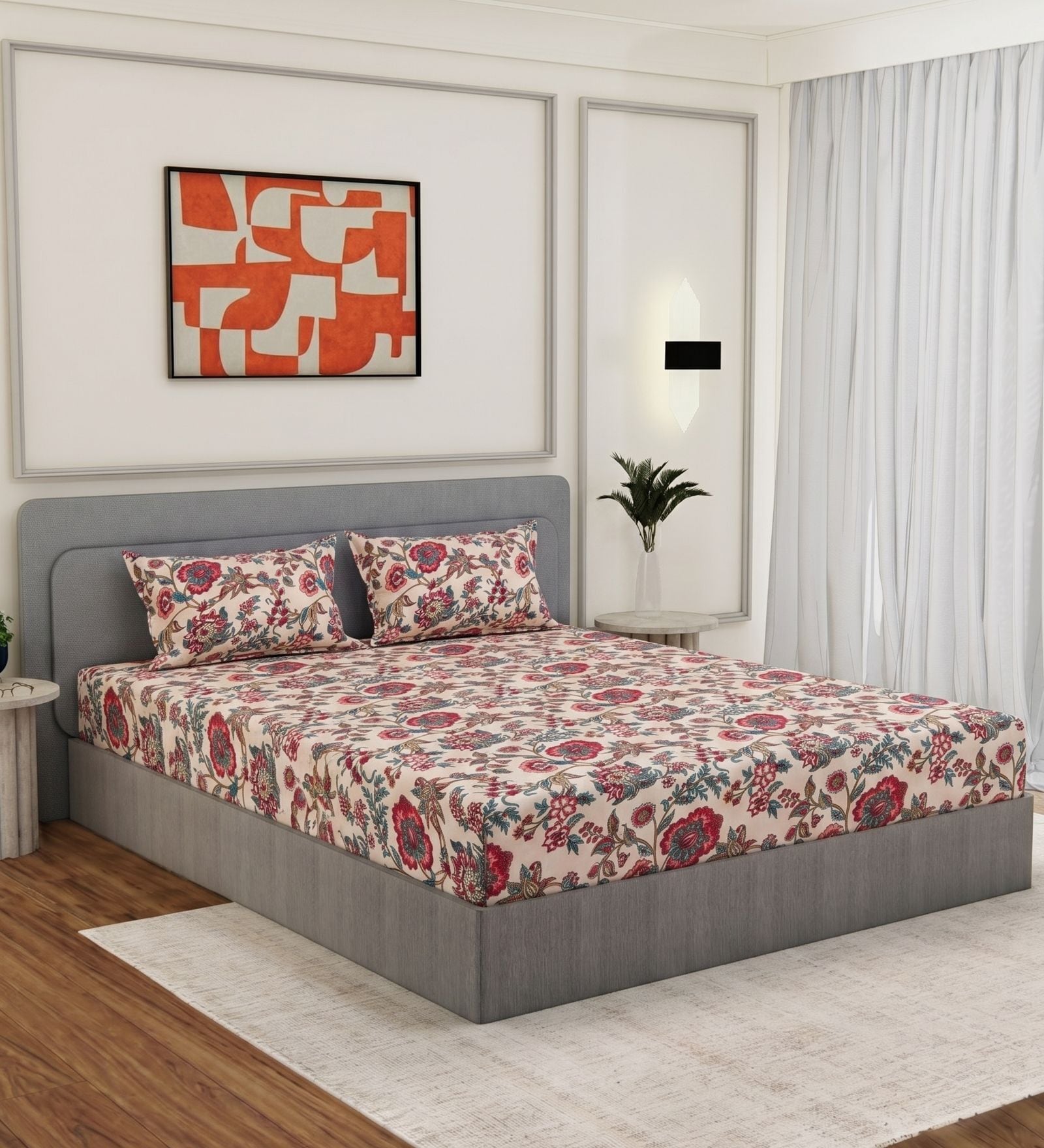 Cream Floral 180 TC Polyester King Sized Bedsheet With 2 Pillow Covers