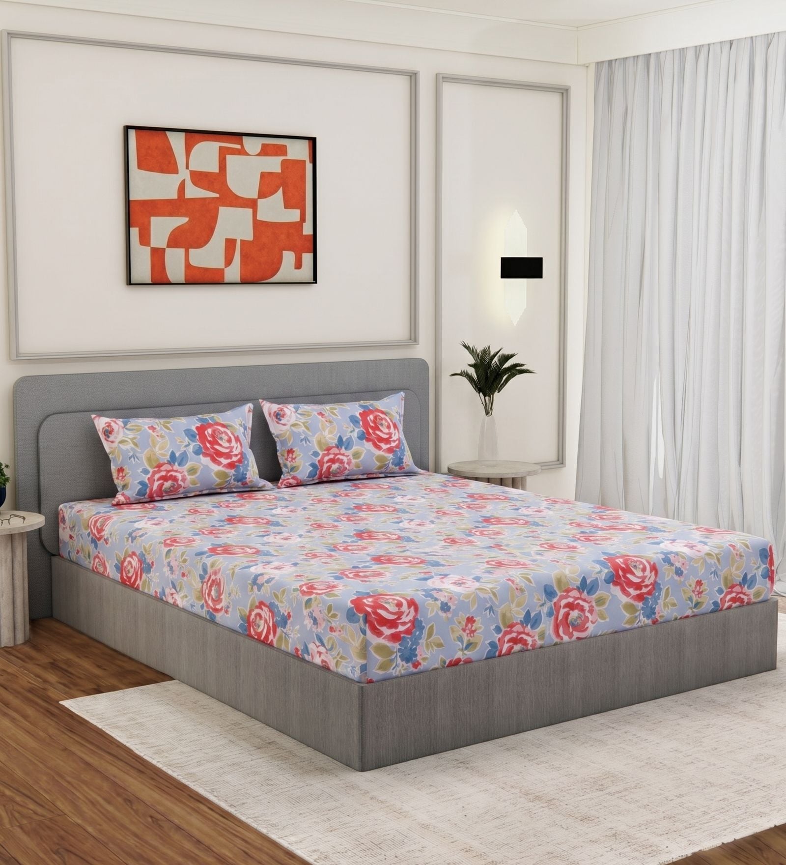 Blue Floral 180 TC Polyester King Sized Bedsheet With 2 Pillow Covers