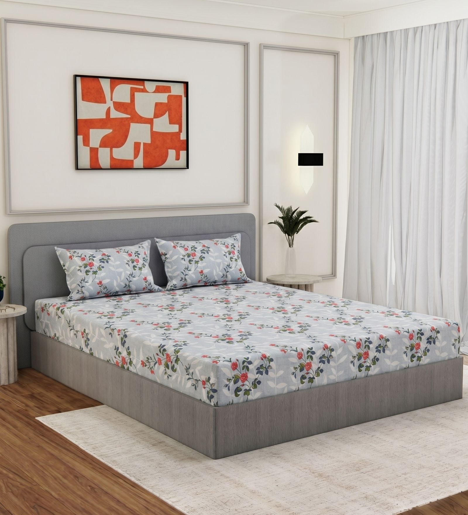 Grey Floral 180 TC Polyester King Sized Bedsheet With 2 Pillow Covers