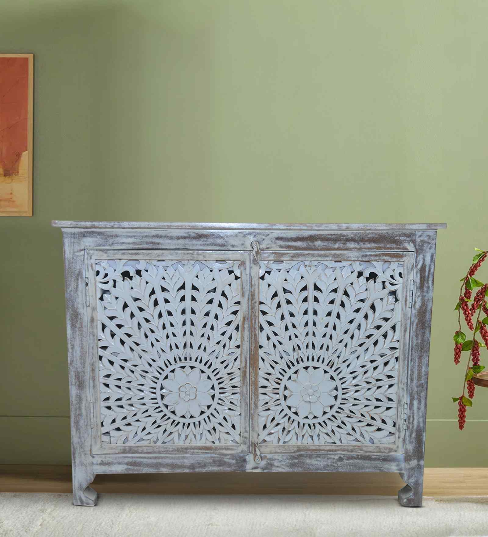 Royal Mandala Solid Wood Hand Carved Sideboard in Blue Finish