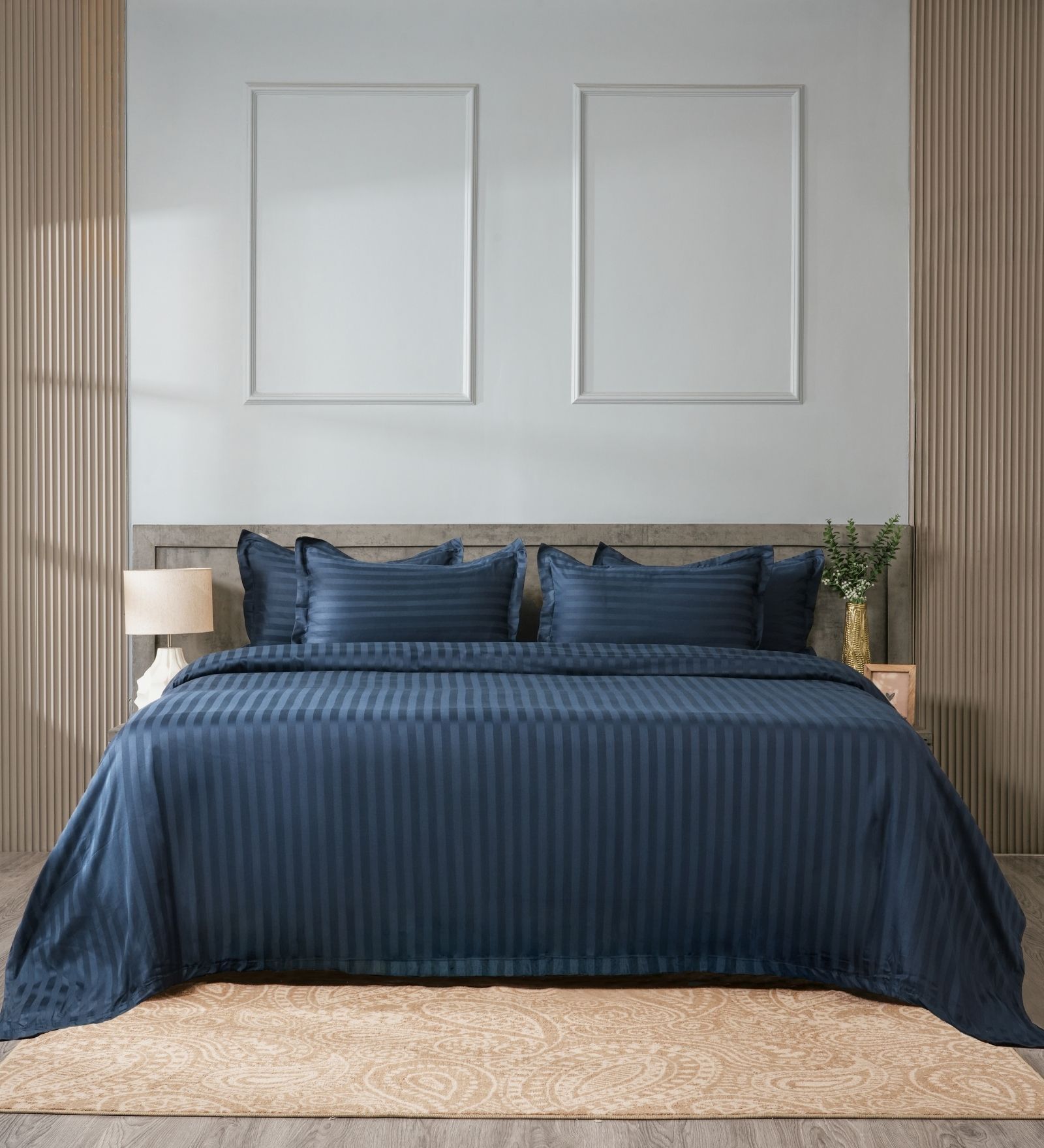 Navy Blue 300TC 100% Cotton Stripe Flat Super King Bedsheet with 2 Pillow Covers
