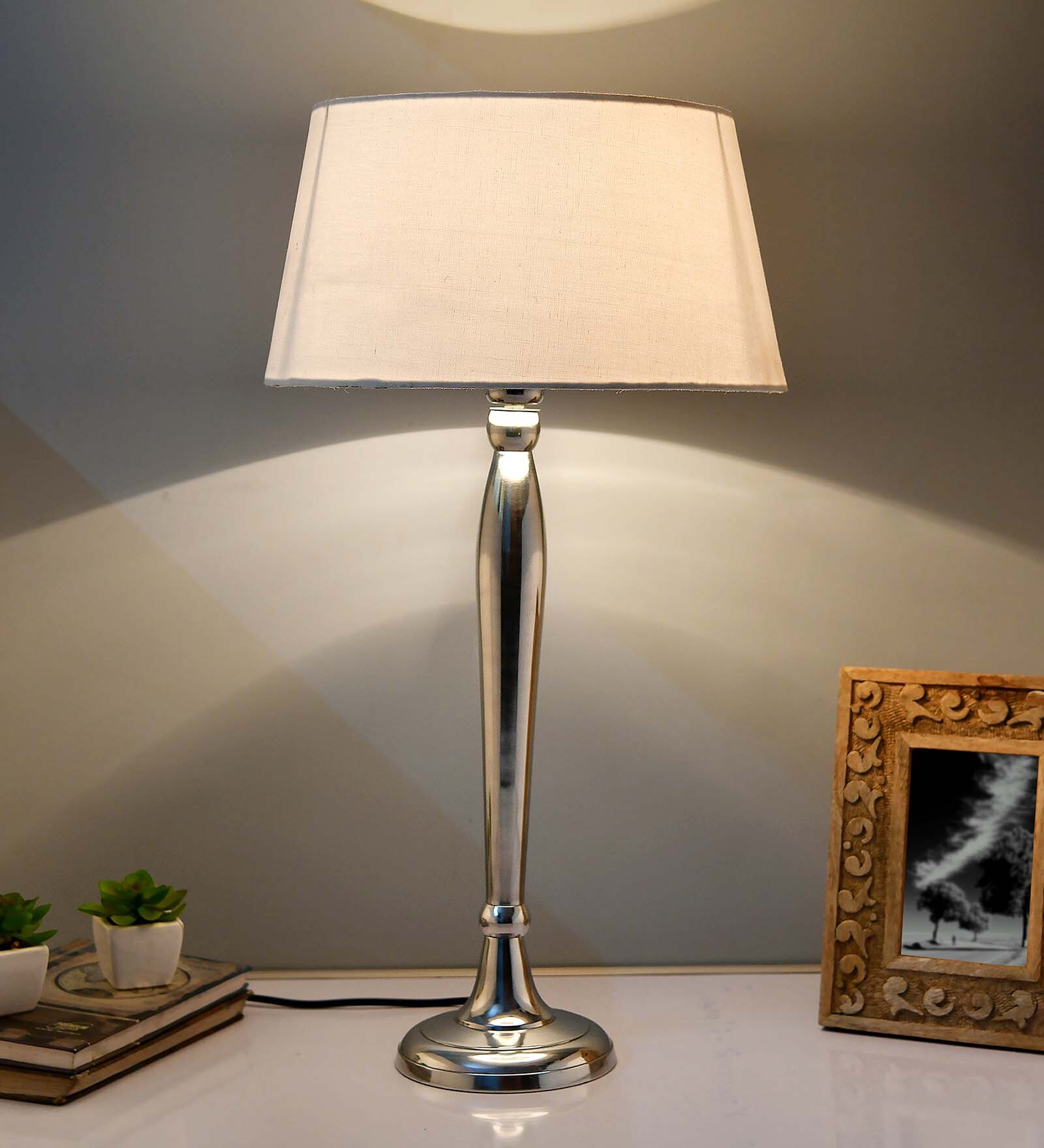 Royal Ovoid chrome lamp with white drum shade