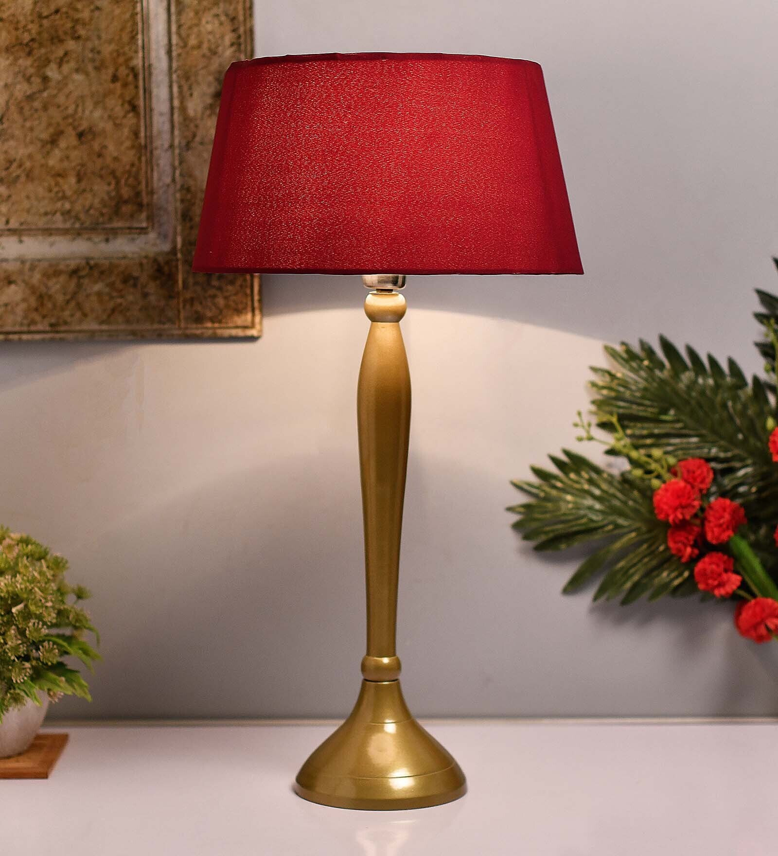 Royal Ovoid gold brushed lamp with red shade