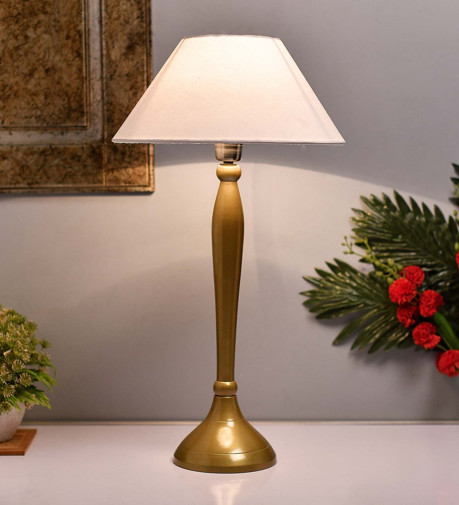 Royal Ovoid gold brushed lamp with white cone shade