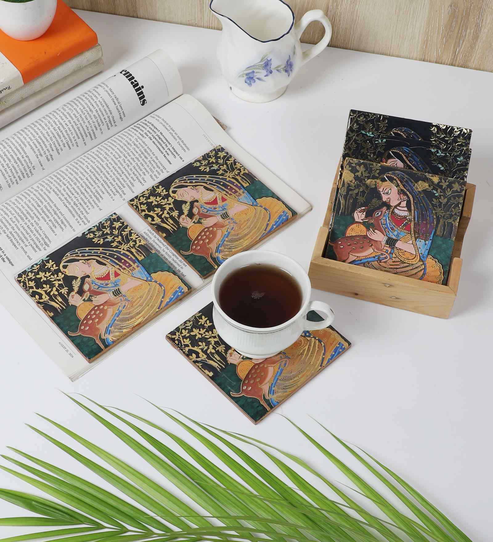 Royal Rajasthani Lady with Deer Coaster with Stand  (Set of 6)