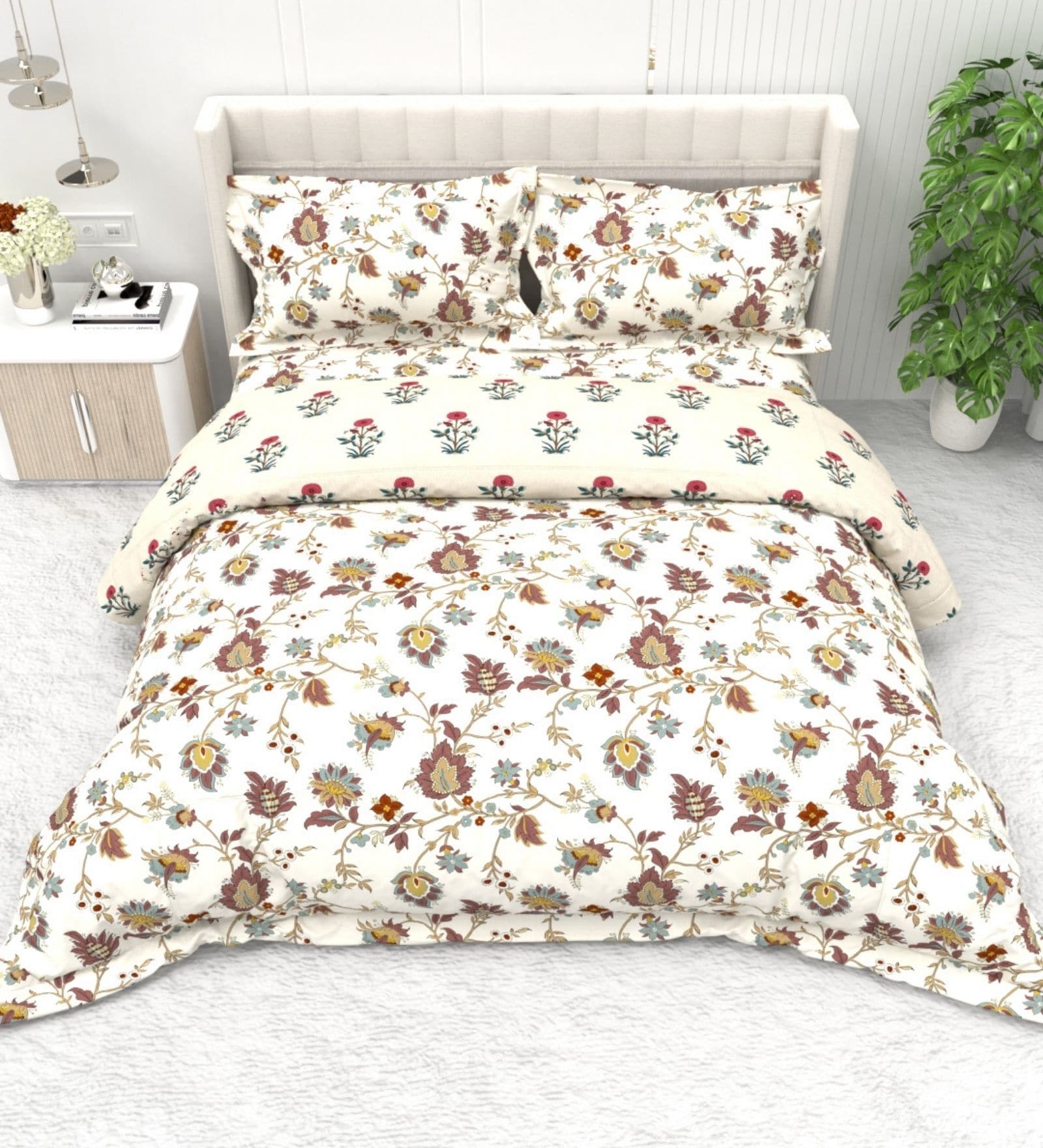 Royal Ruby Buta 4-Piece Combo Of Double Bed AC Comforter & Bedsheet Set