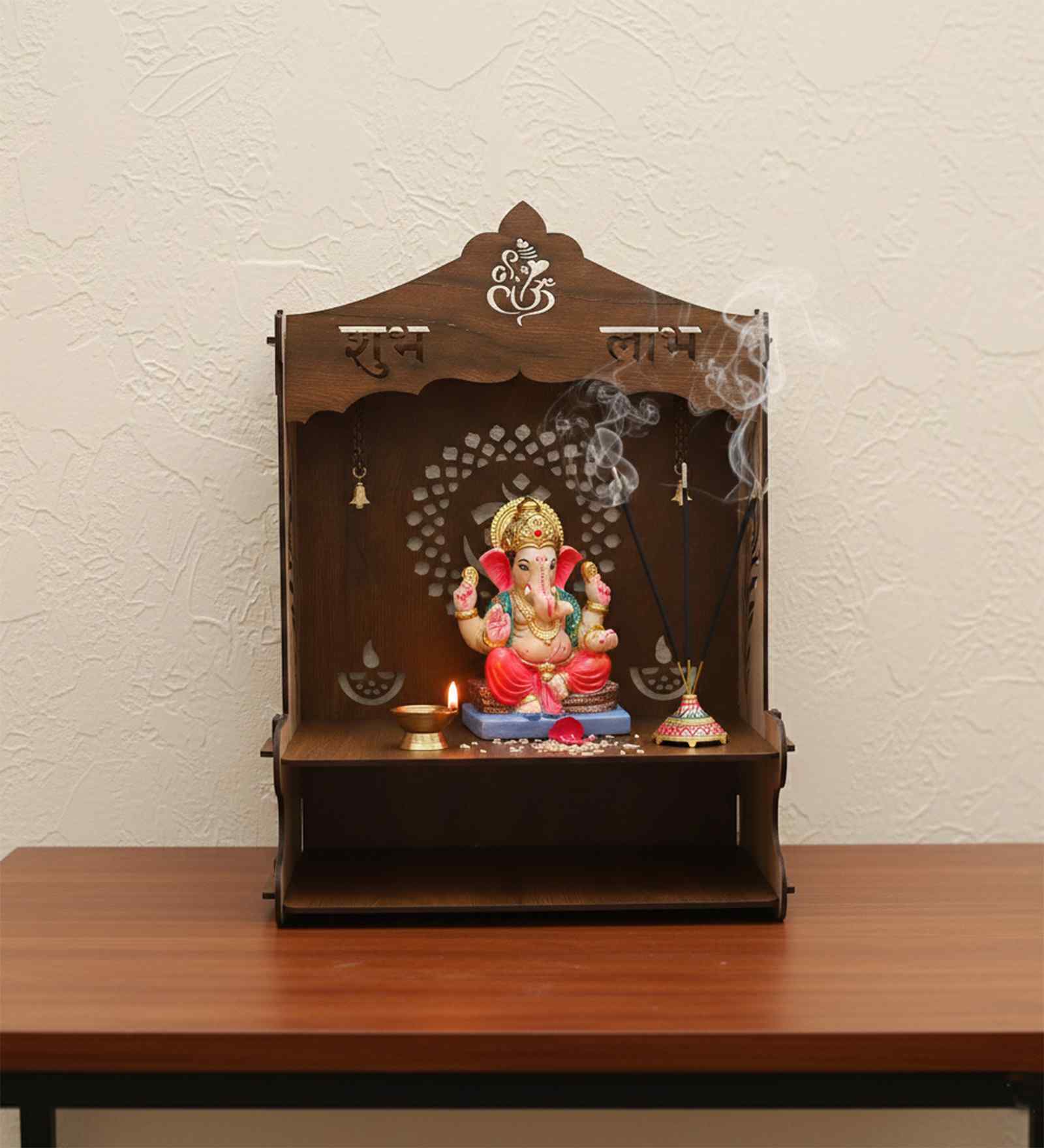 Royal Walnut Finish Ganesha Printed Wooden Pooja Mandir