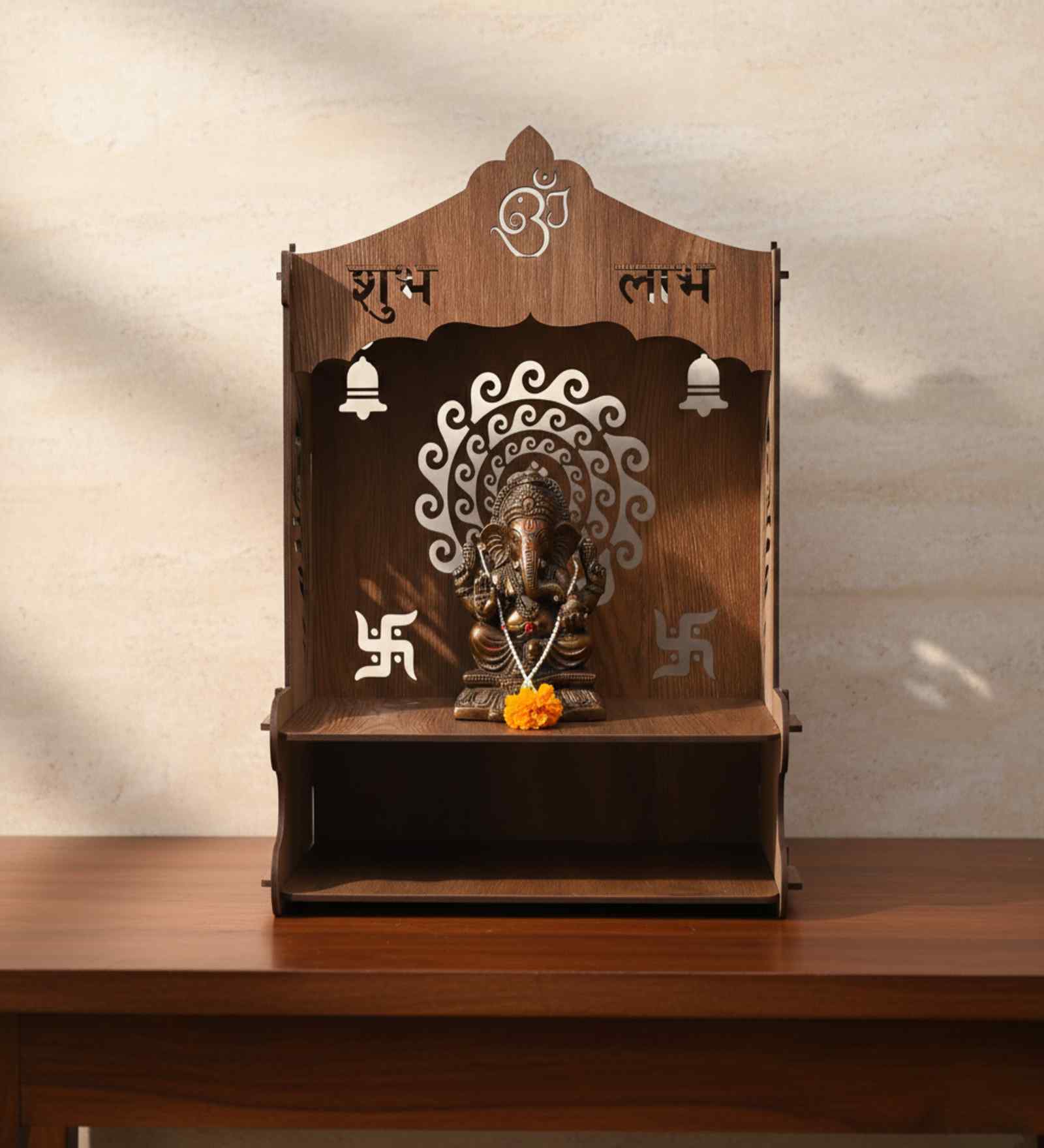Royal Walnut Finish Om Printed Wooden Pooja Mandir