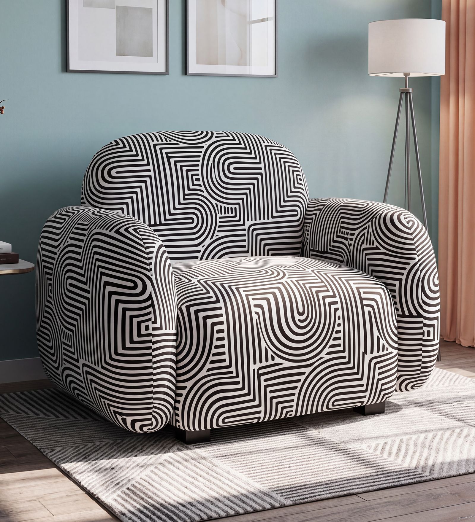 Royale Urban Maze 1 Seater Polyester Upholstered Sofa In Optical Art Pattern