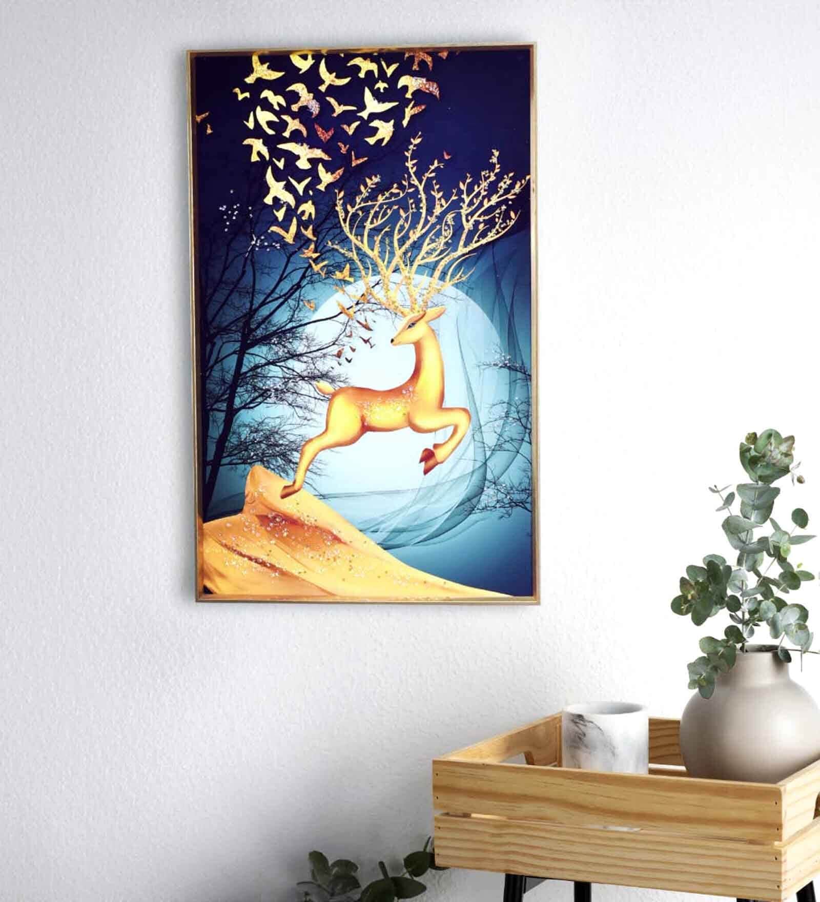 Luxury Golden Deer Wall Frame  MDF  PS Outer Frame  Crystal Accents