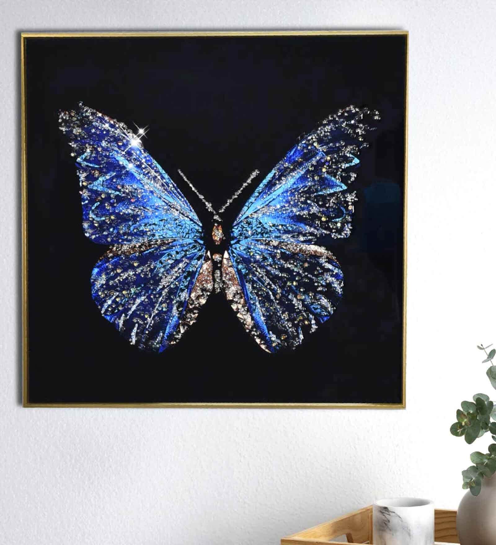Sparkling Butterfly Wall Frame  Black Background  MDF  Multicolor