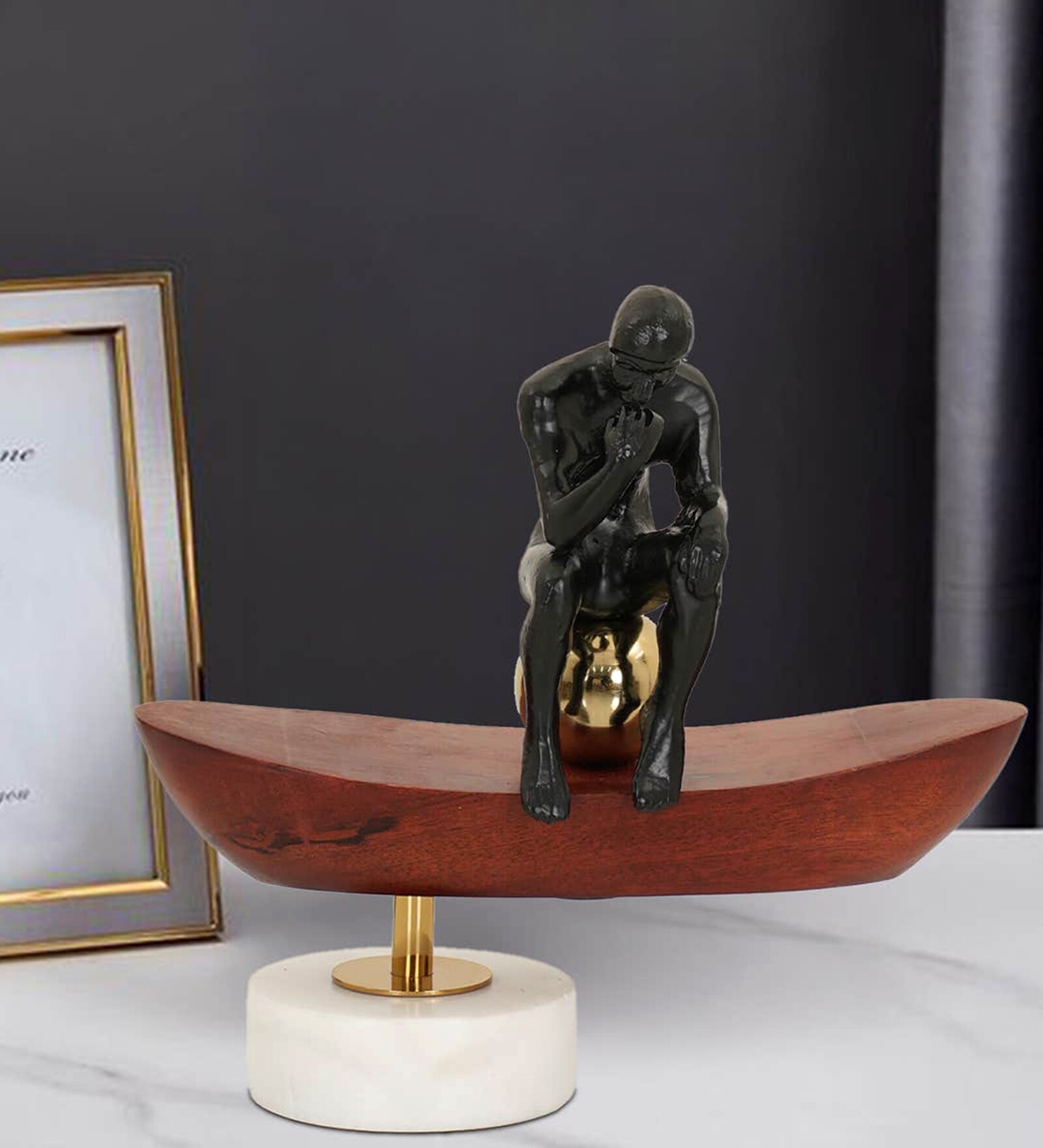 Thinking Man On Boat Sculpture  Wood , Aluminium & Stone  Gold Plated Metal