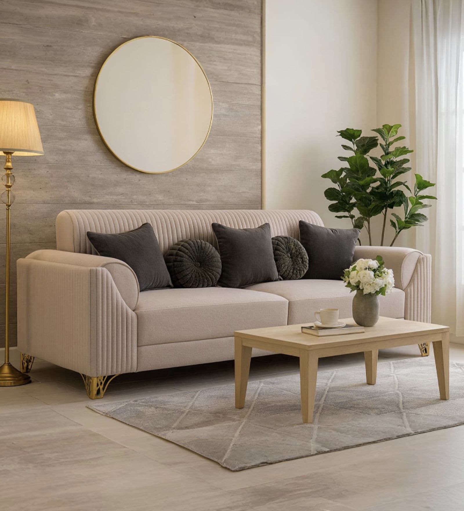 RoyalPlush Fabric Three Seater Sofa in Beige Colour