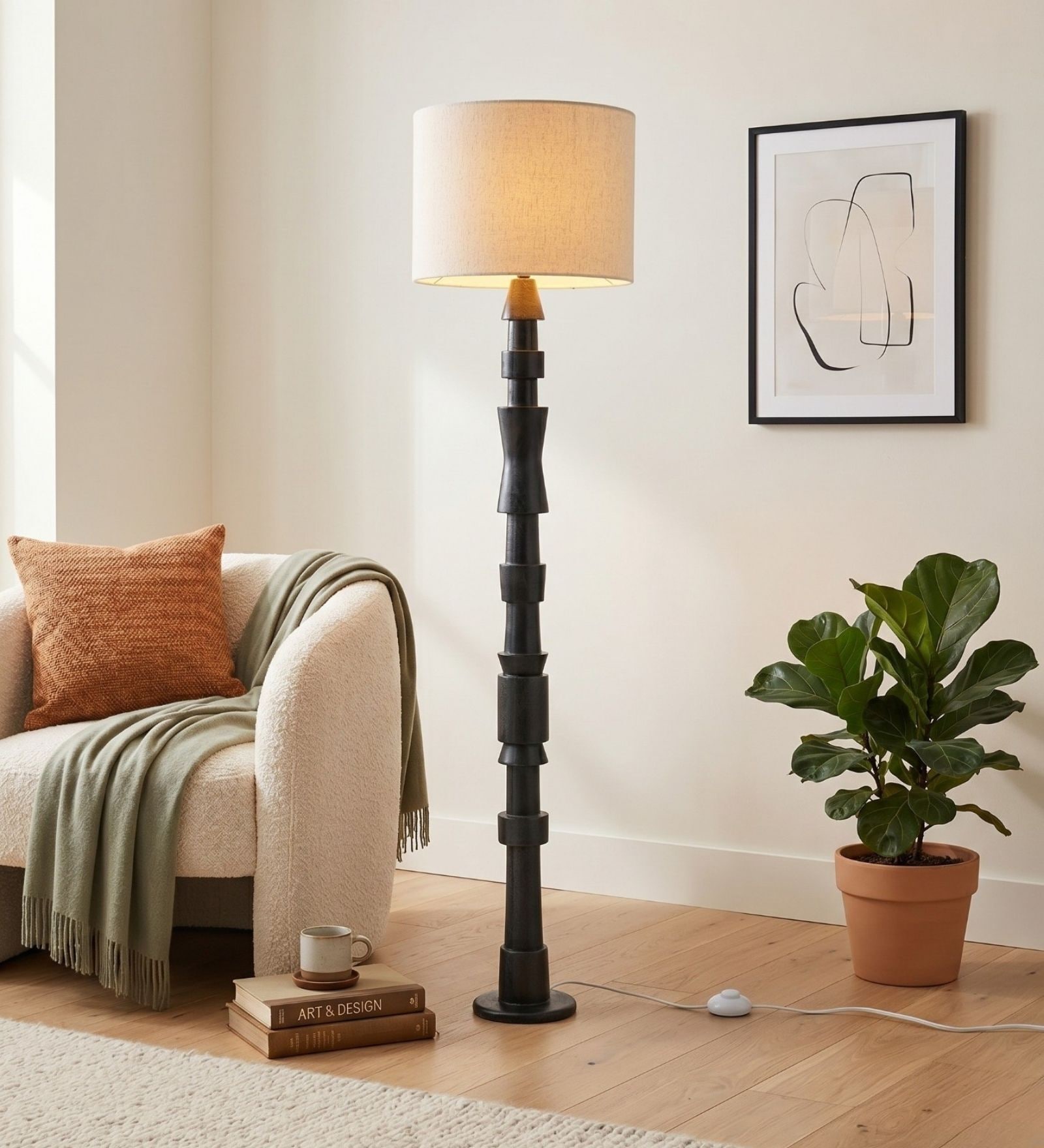 Roz Handcrafted Chancoal Wooden Floor Lamp with Fabric Loose Weave Texture Lampshade in Off White Color