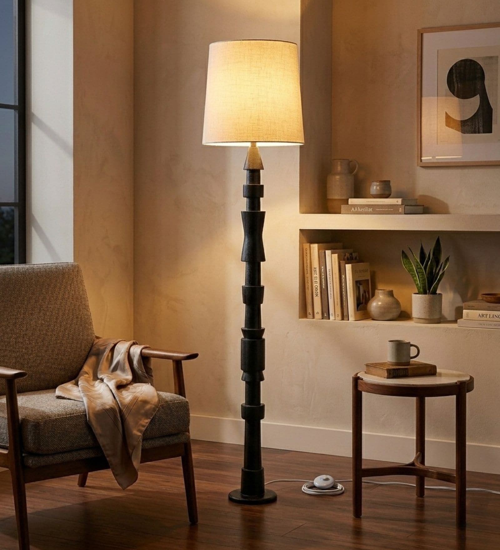 Roz Handcrafted Chancoal Wooden Floor Lamp with Printed Fabric Lampshade in White Color