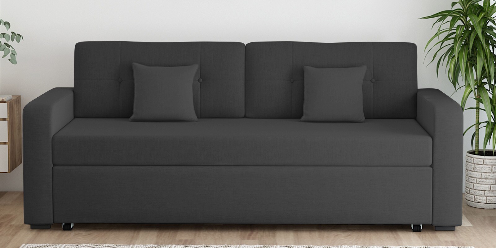 Rocky Fabric 3 Seater Pull Out Sofa Cum Bed In Charcoal Grey Colour With Storage