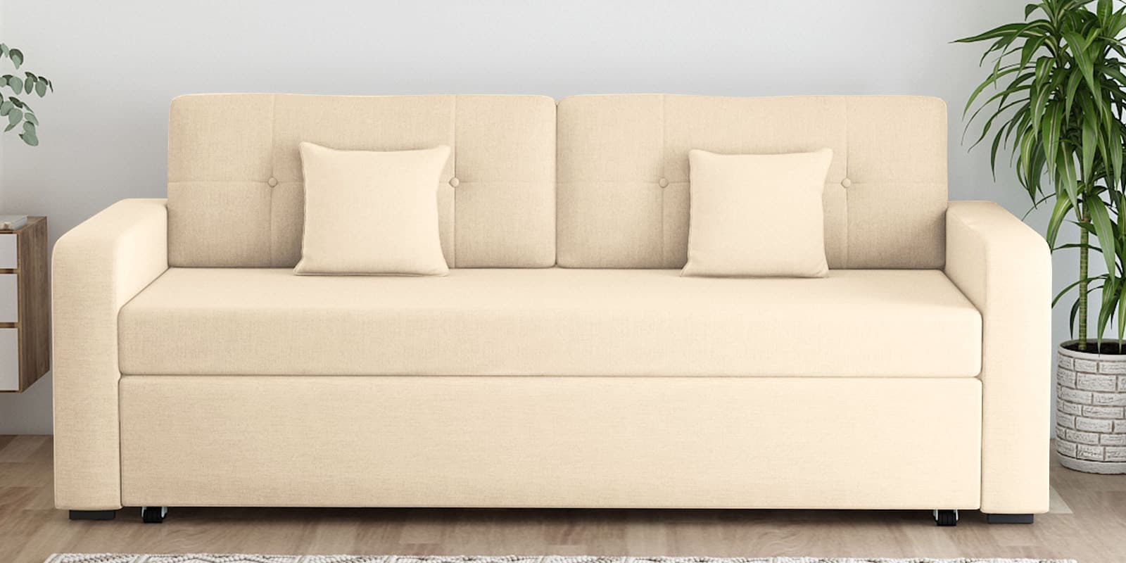 Rocky Fabric 3 Seater Pull Out Sofa Cum Bed In Ivory Beige Colour With Storage