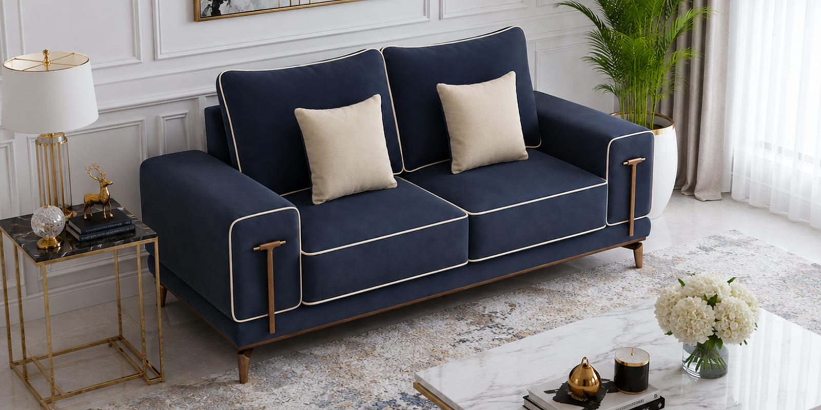 Rodeo Sal Wood 2 Seater Sofa In Blue Colour