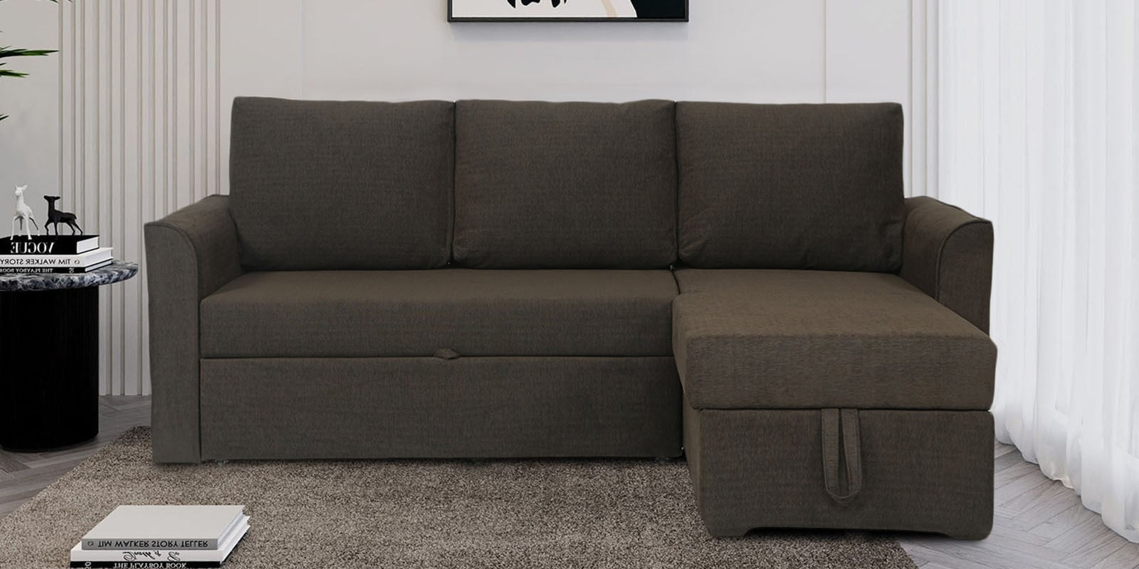 Rogelio Fabric LHS Pull Out Sofa Cum Bed In Chestnut Brown Colour With Storage