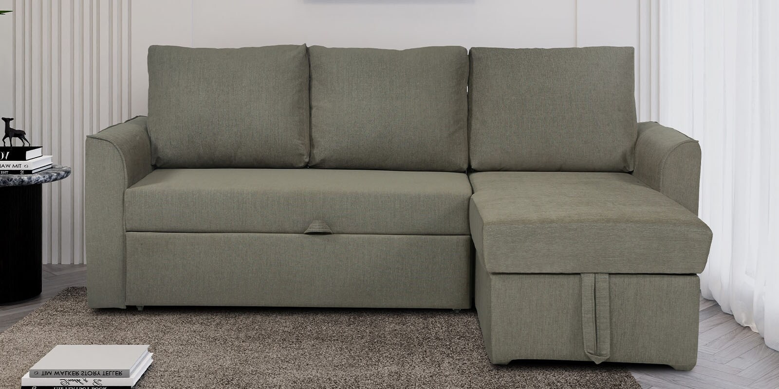 Rogelio Fabric LHS Pull Out Sofa Cum Bed In Sandy Brown Colour With Storage