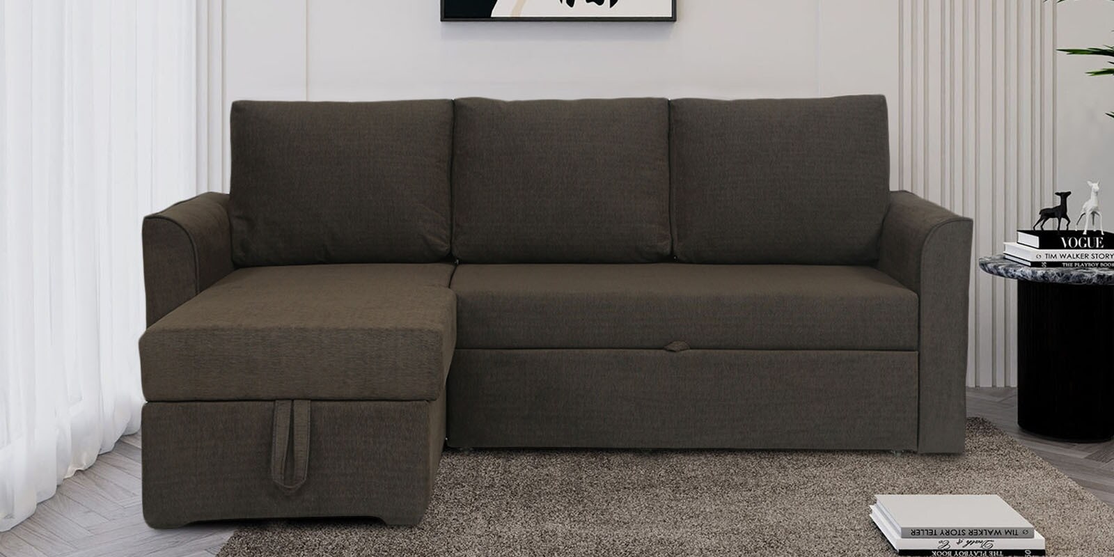 Rogelio Fabric RHS Pull Out Sofa Cum Bed In Chestnut Brown Colour With Storage