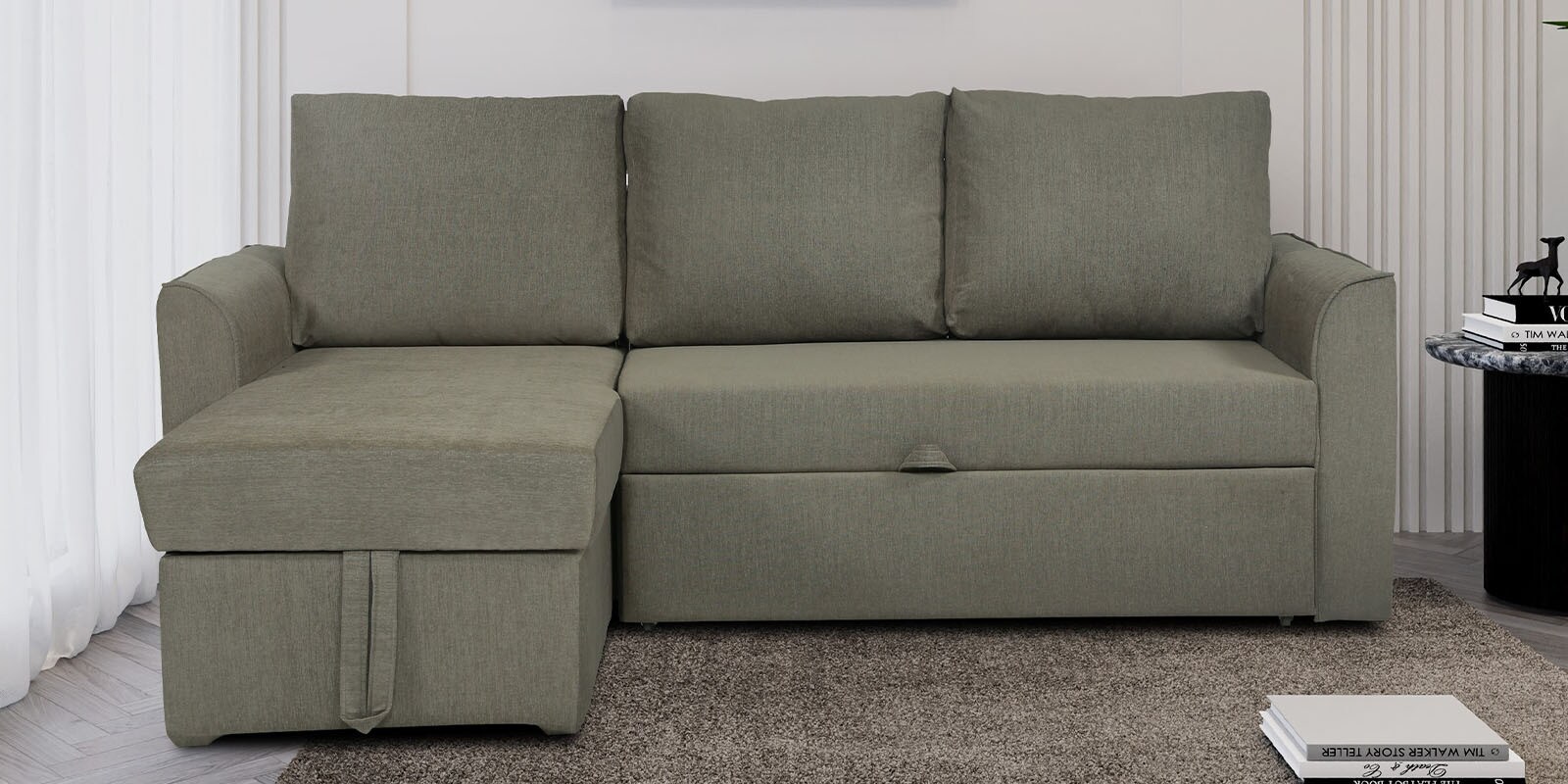 Rogelio Fabric RHS Pull Out Sofa Cum Bed In Sandy Brown Colour With Storage